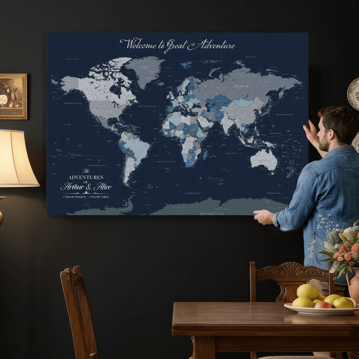 51673389-MGV-CV-36X24 - Custom Push Pin World Map Wall Art Canvas Print – Personalized Travel Tracker with Pins Framed Large for Home and Office Decor
