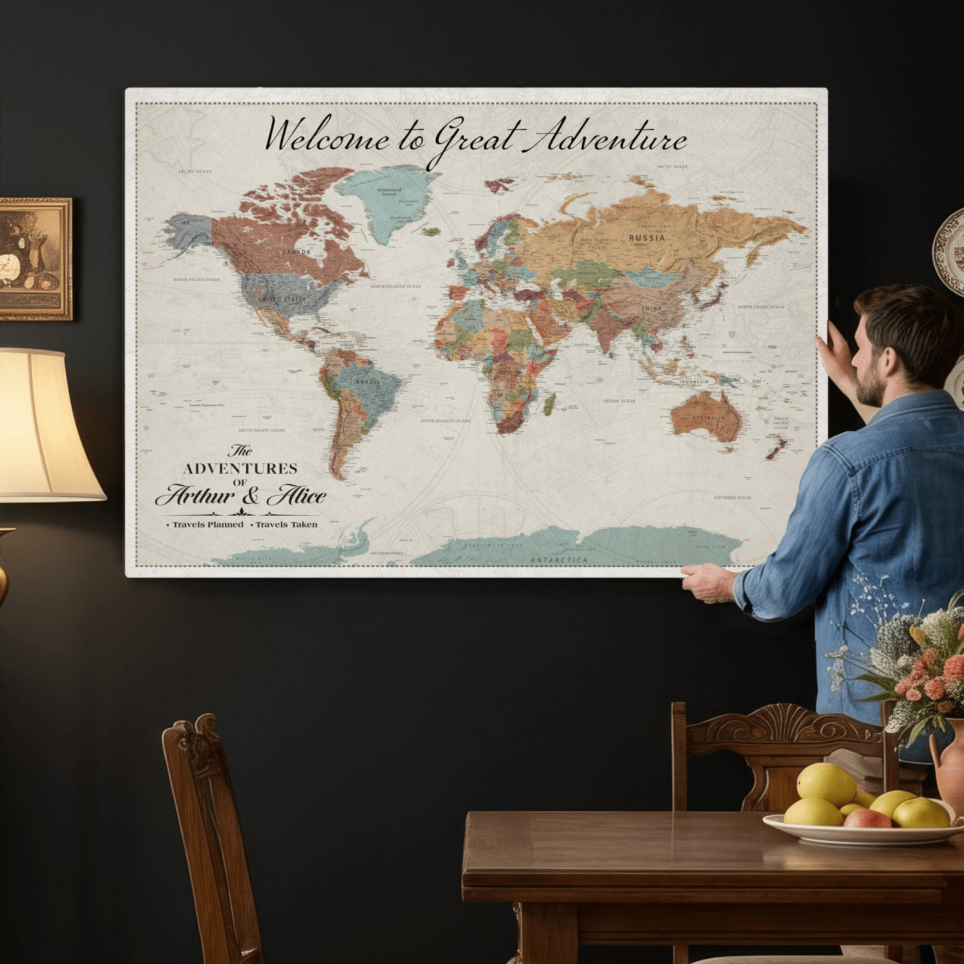 32470528-MGV-CV-36X24 - Custom Push Pin World Map Wall Art Canvas Print – Personalized Travel Tracker with Pins Framed Large for Home and Office Decor