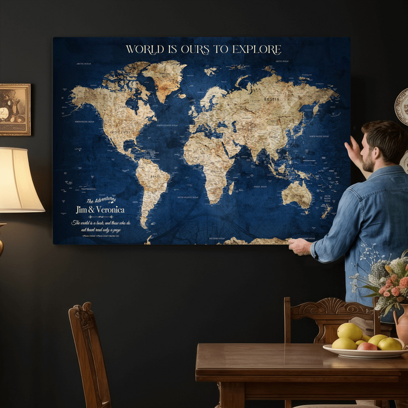 35296308-MGV-CV-36X24 - Custom Push Pin World Map Wall Art Canvas Print – Personalized Travel Tracker with Pins Framed Large for Home and Office Decor