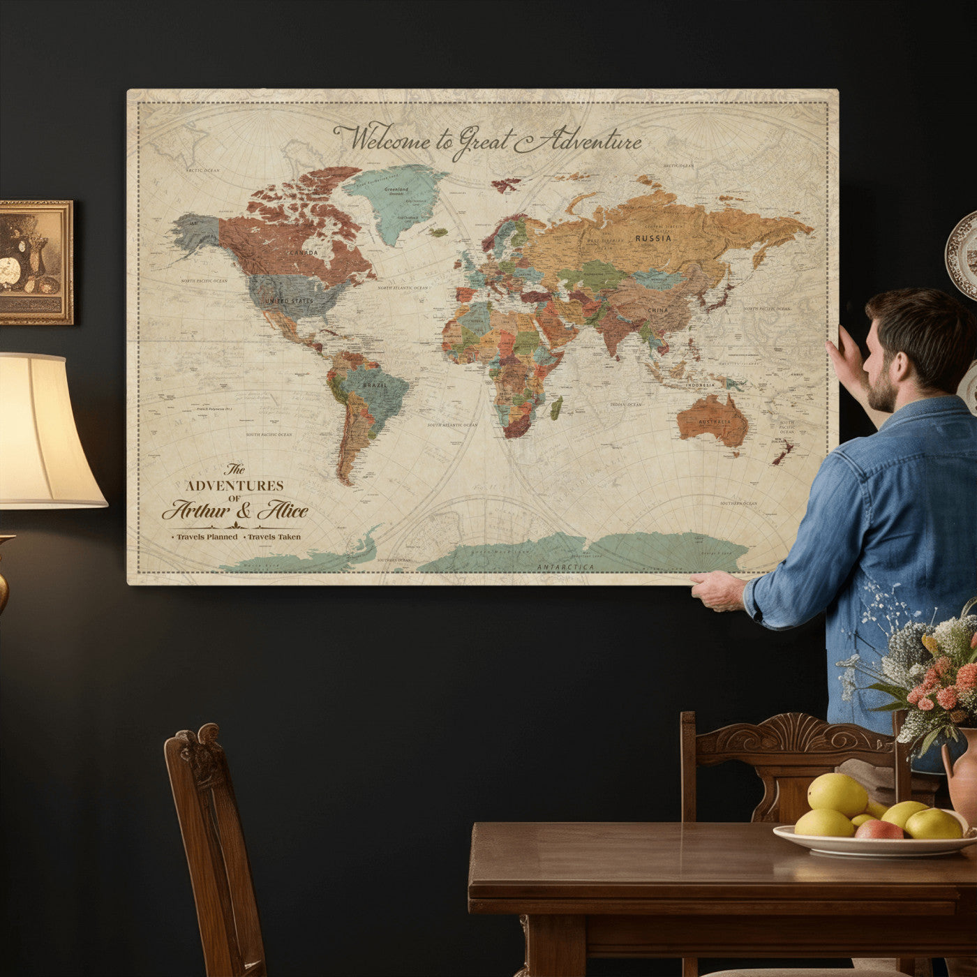 44361524-MGV-CV-36X24 - Custom Push Pin World Map Wall Art Canvas Print – Personalized Travel Tracker with Pins Framed Large for Home and Office Decor