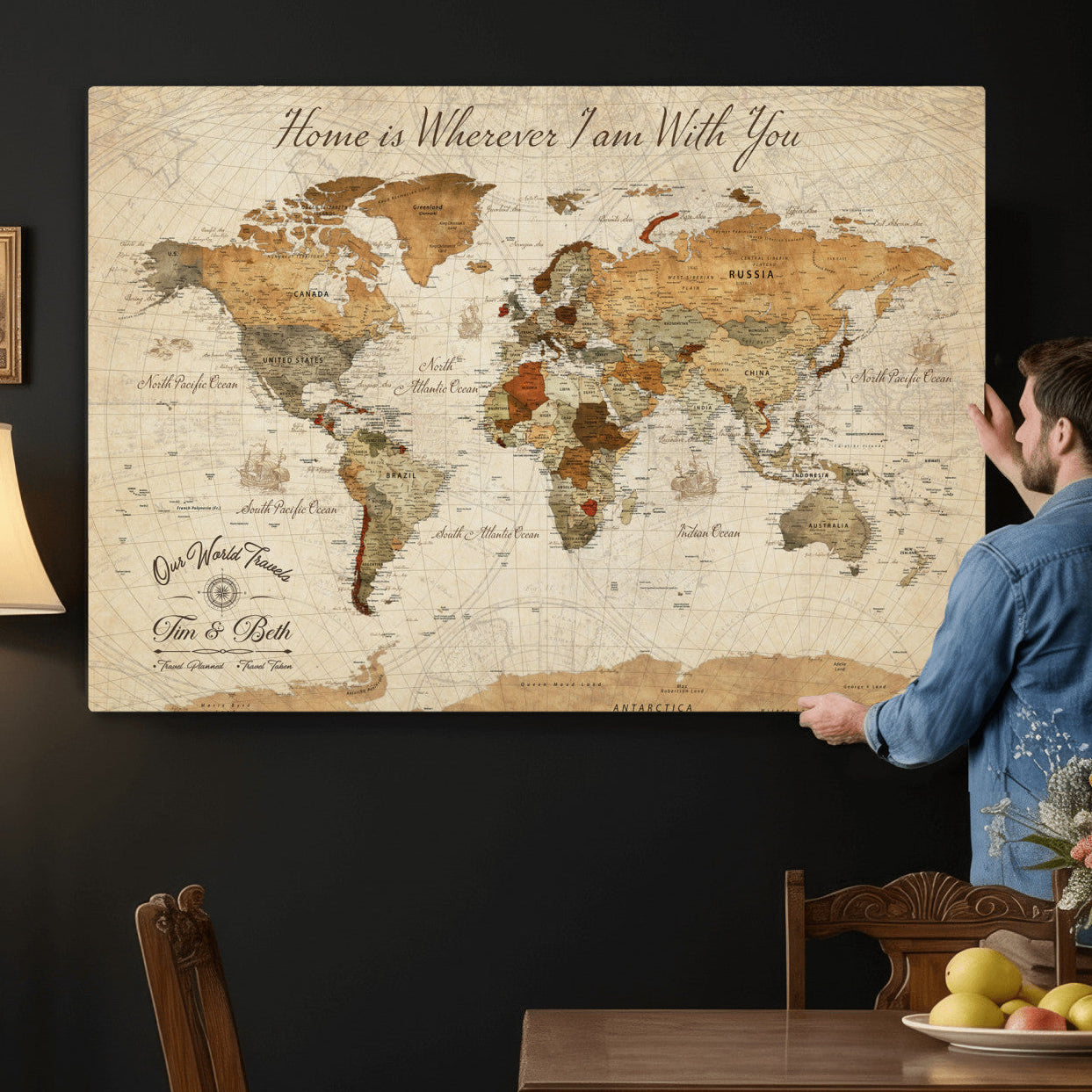 53710338-MGV-CV-36X24 - Custom Push Pin World Map Wall Art Canvas Print – Personalized Travel Tracker with Pins Framed Large for Home and Office Decor