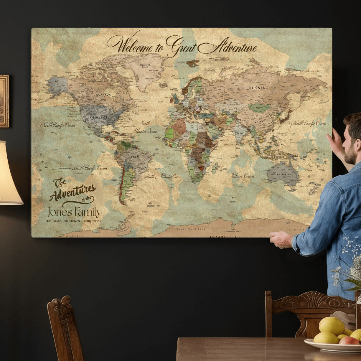 38092909-MGV-CV-36X24 - Custom Push Pin World Map Wall Art Canvas Print – Personalized Travel Tracker with Pins Framed Large for Home and Office Decor