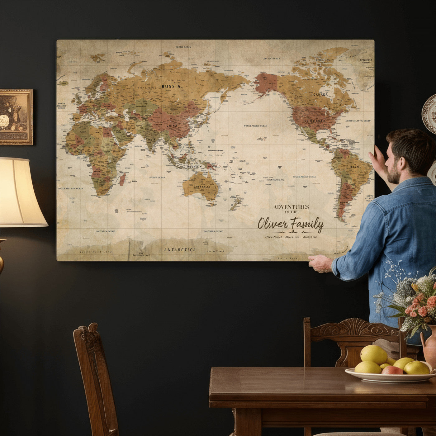 19347393-MGV-CV-36X24 - Custom Push Pin World Map Wall Art Canvas Print – Personalized Travel Tracker with Pins Framed Large for Home and Office Decor