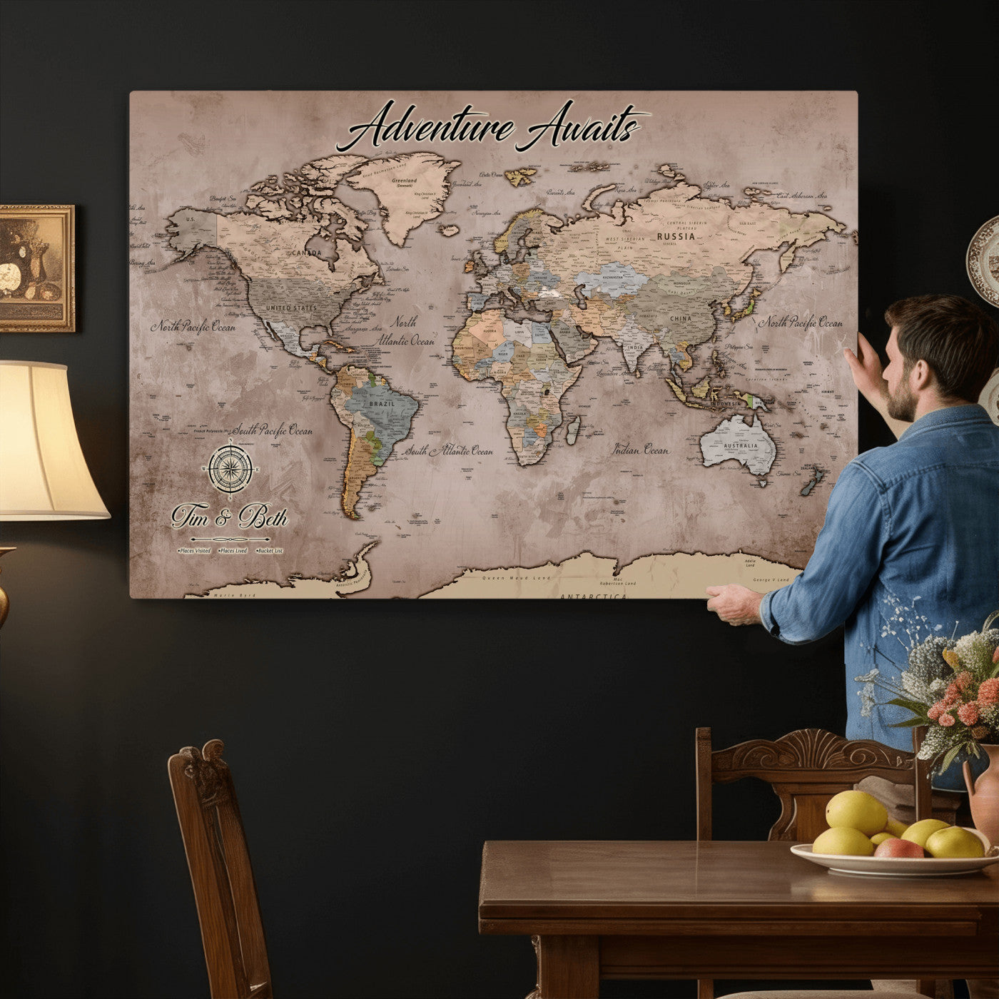 30508877-MGV-CV-36X24 - Custom Push Pin World Map Wall Art Canvas Print – Personalized Travel Tracker with Pins Framed Large for Home and Office Decor