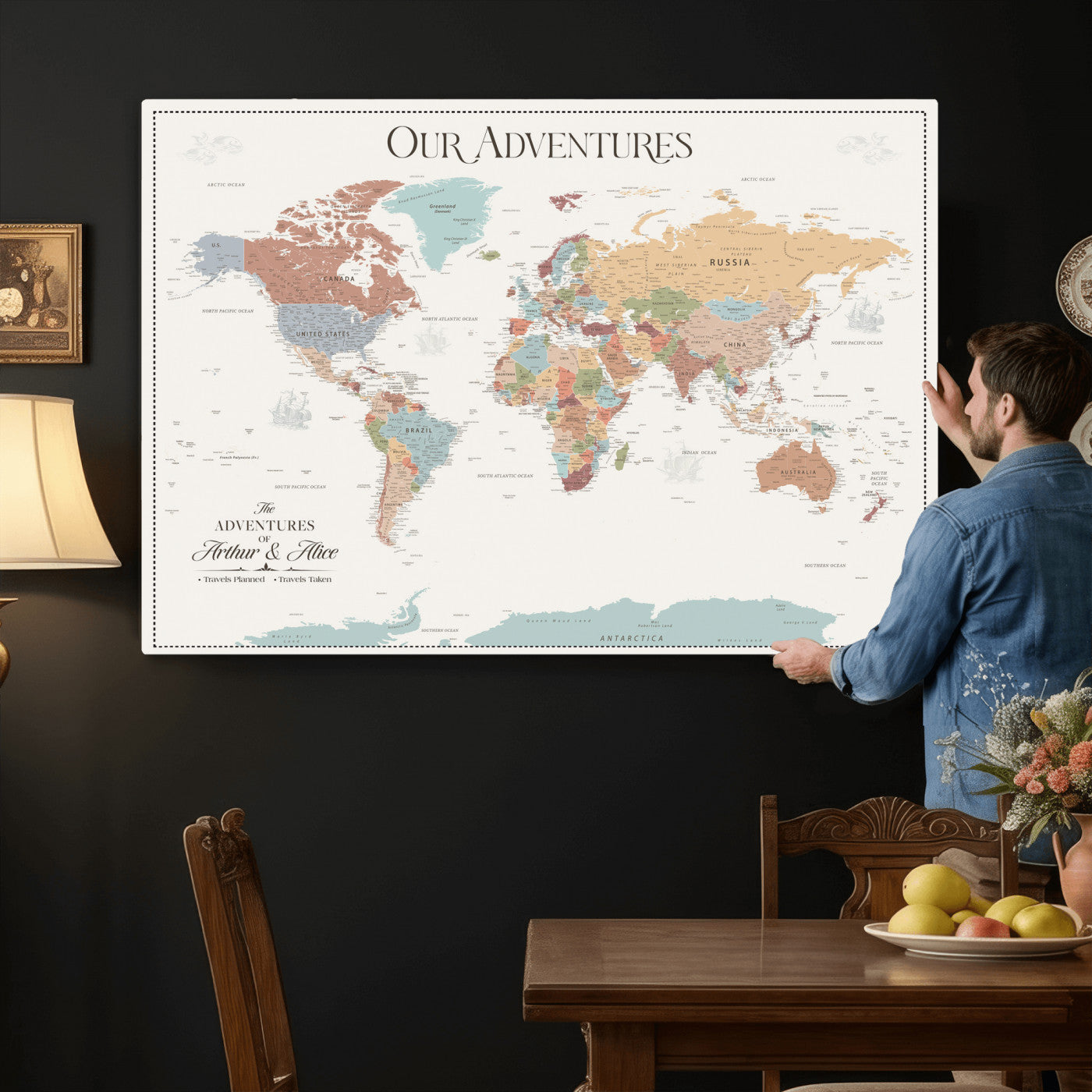 30191756-MGV-CV-36X24 - Custom Push Pin World Map Wall Art Canvas Print – Personalized Travel Tracker with Pins Framed Large for Home and Office Decor
