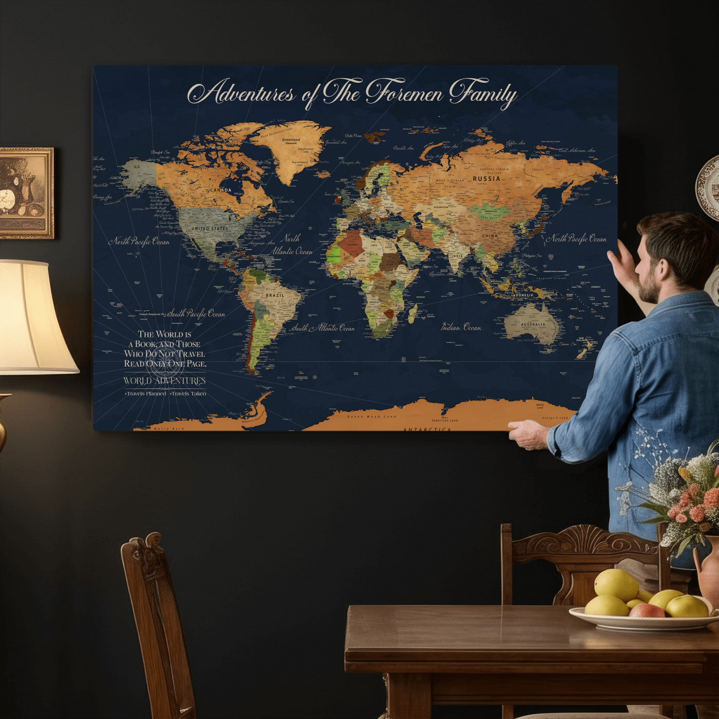 84352304-MGV-CV-36X24 - Custom Push Pin World Map Wall Art Canvas Print – Personalized Travel Tracker with Pins Framed Large for Home and Office Decor
