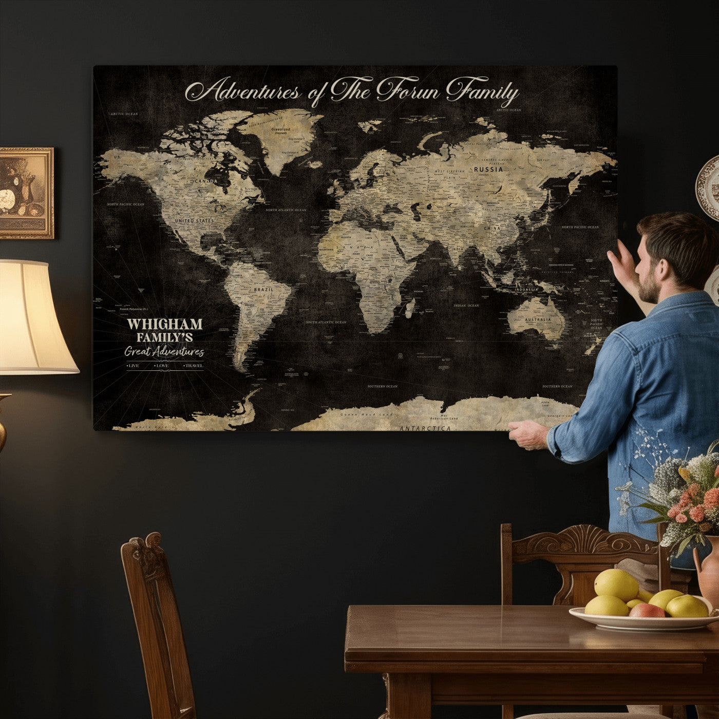 26348249-MGV-CV-36X24 - Custom Push Pin World Map Wall Art Canvas Print – Personalized Travel Tracker with Pins Framed Large for Home and Office Decor