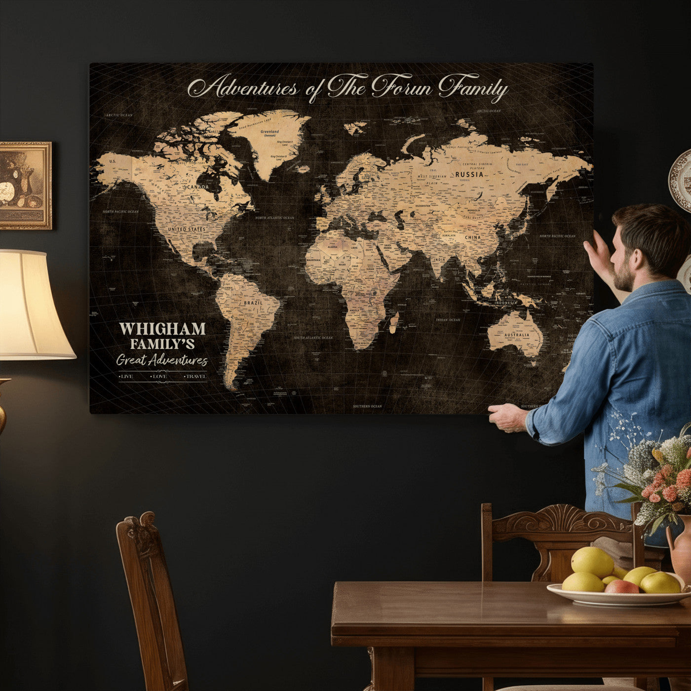 68639184-MGV-CV-36X24 - Custom Push Pin World Map Wall Art Canvas Print – Personalized Travel Tracker with Pins Framed Large for Home and Office Decor