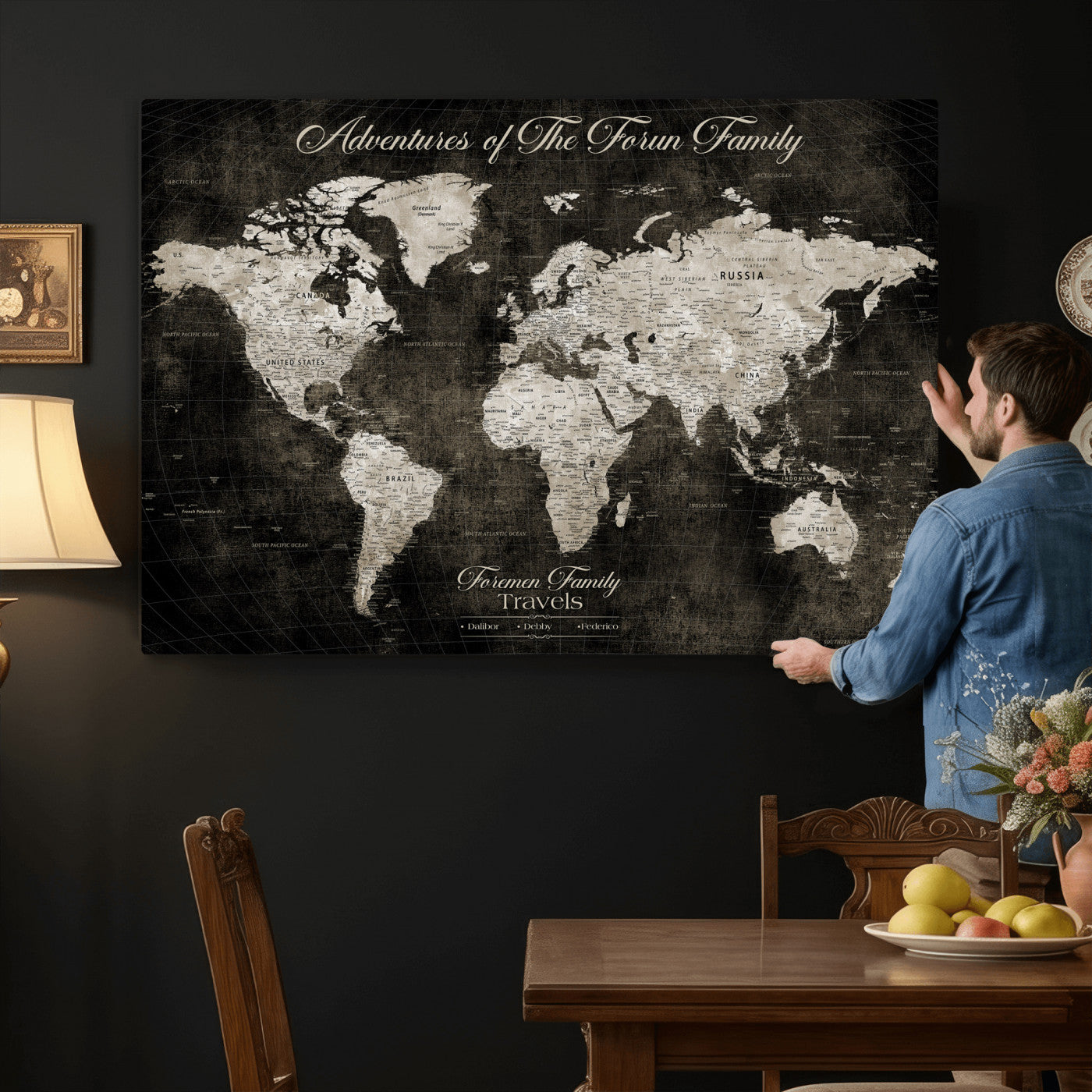 73767525-MGV-CV-36X24 - Custom Push Pin World Map Wall Art Canvas Print – Personalized Travel Tracker with Pins Framed Large for Home and Office Decor