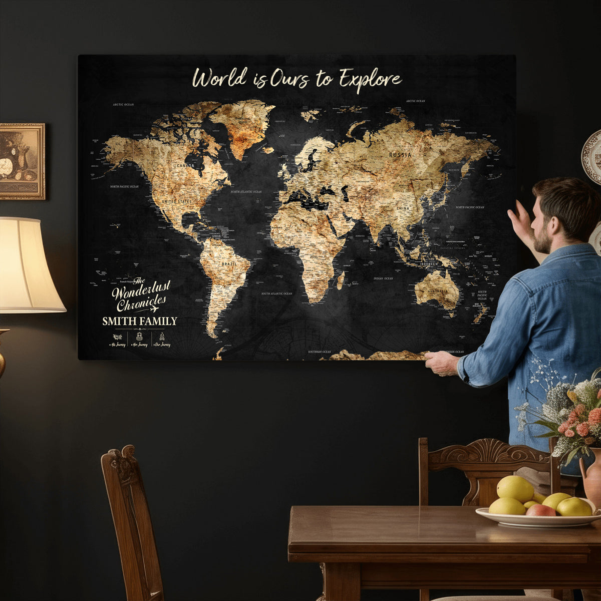 73732636-MGV-CV-36X24 - Custom Push Pin World Map Wall Art Canvas Print – Personalized Travel Tracker with Pins Framed Large for Home and Office Decor