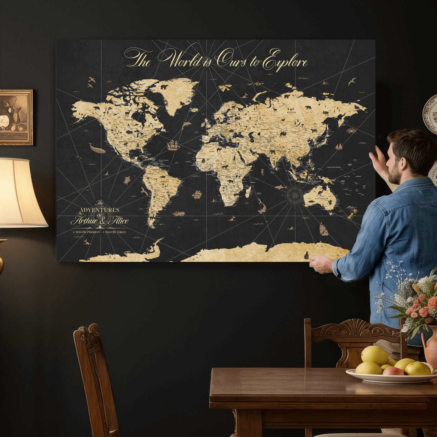 54097664-MGV-CV-36X24 - Custom Push Pin World Map Wall Art Canvas Print – Personalized Travel Tracker with Pins Framed Large for Home and Office Decor