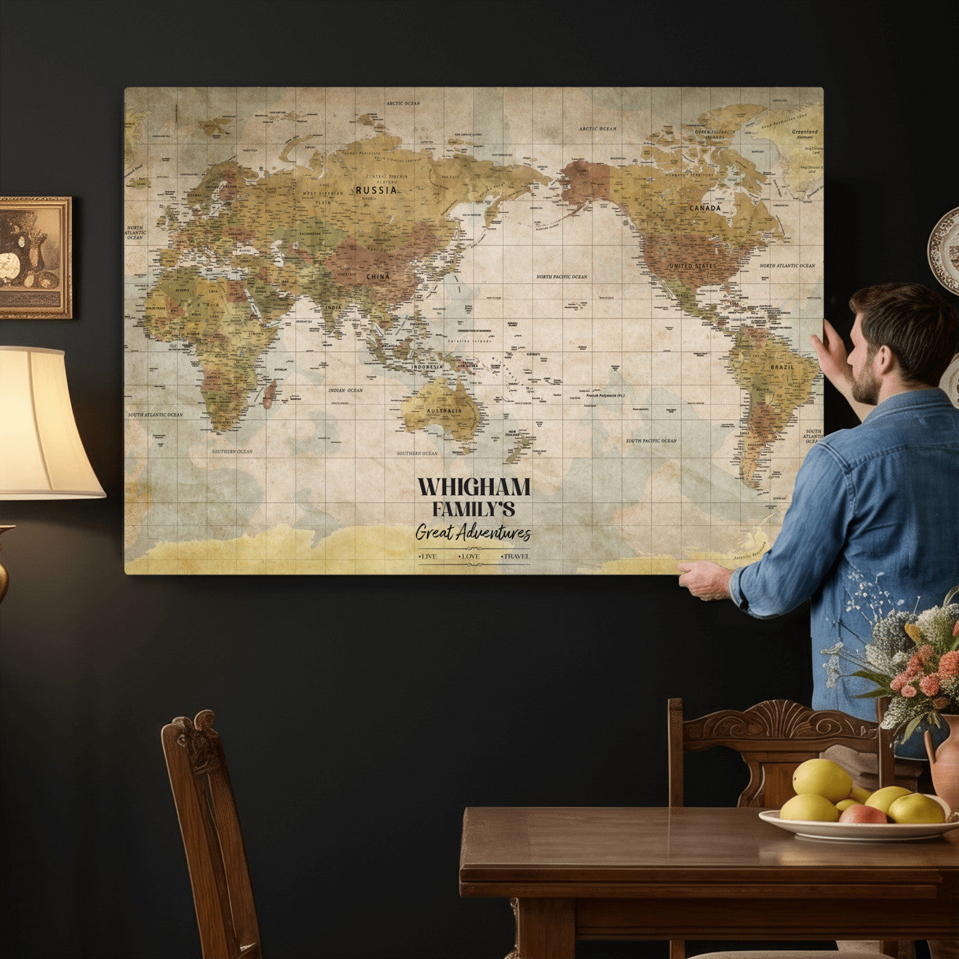 98110883-MGV-CV-36X24 - Custom Push Pin World Map Wall Art Canvas Print – Personalized Travel Tracker with Pins Framed Large for Home and Office Decor