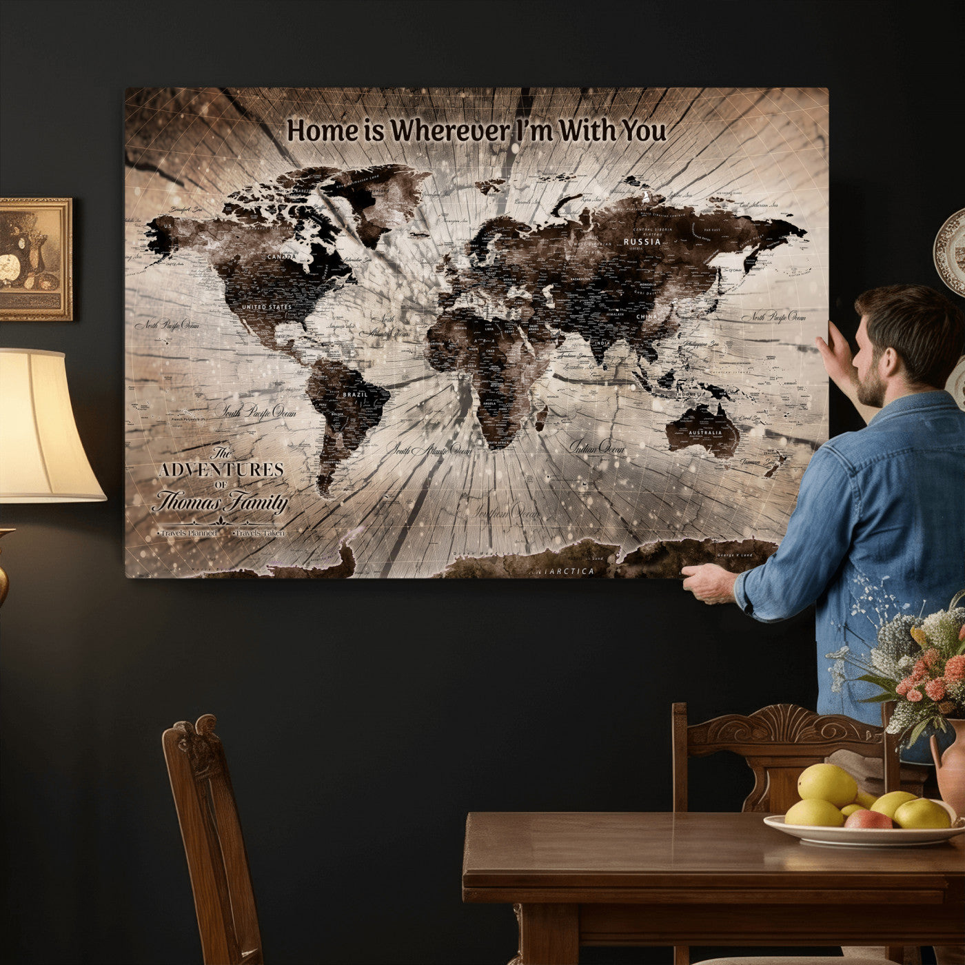 12350515-MGV-CV-36X24 - Custom Push Pin World Map Wall Art Canvas Print – Personalized Travel Tracker with Pins Framed Large for Home and Office Decor