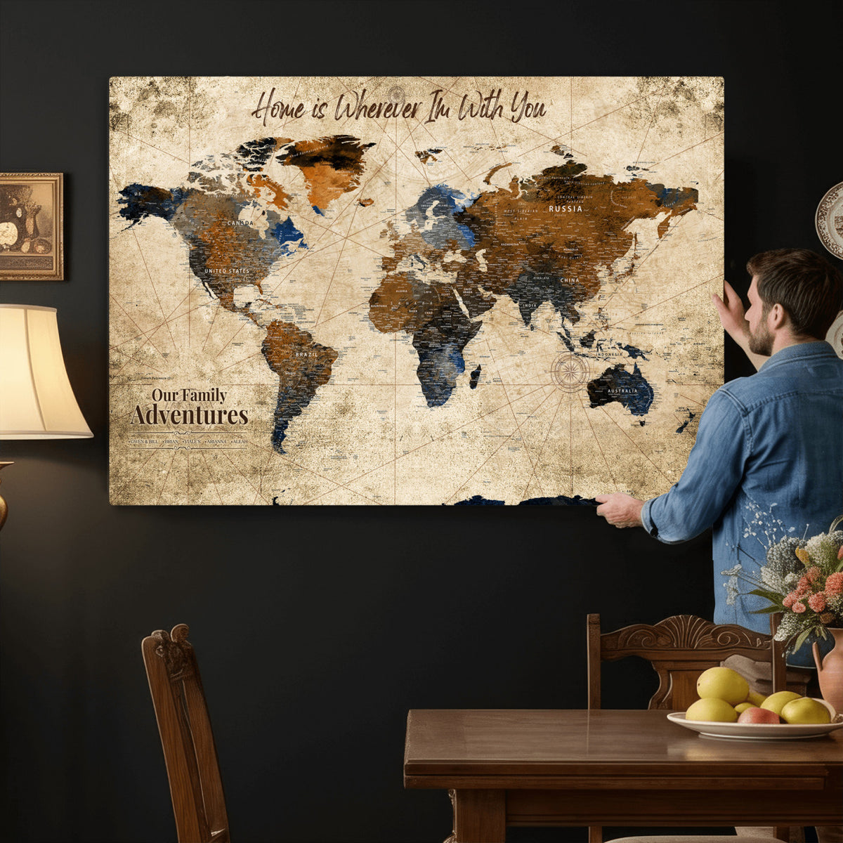 17548029-MGV-CV-36X24 - Personalized Framed Beige Modern Push Pin World Map Canvas Print, Bucket List Map, Home Office and Study Decor
