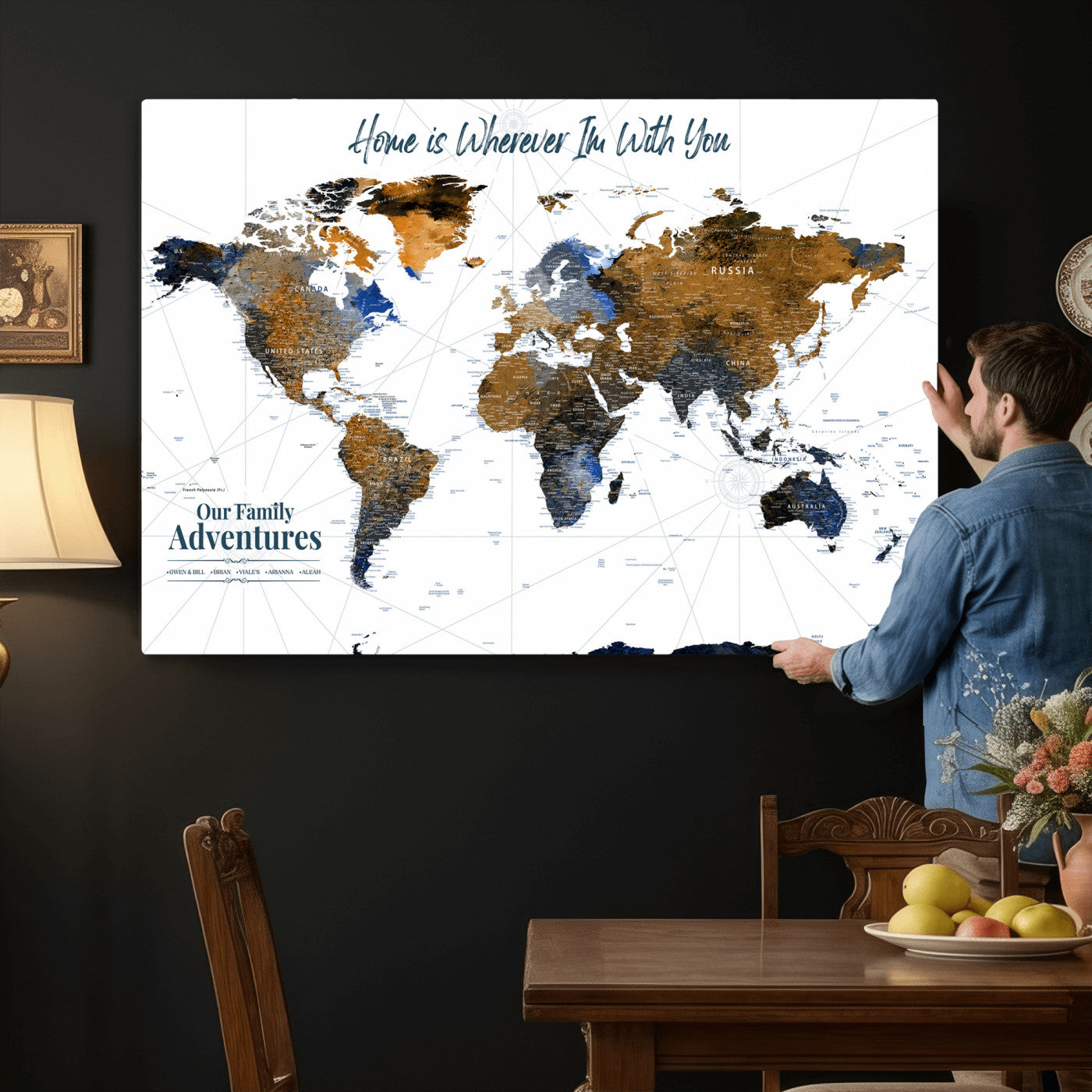 75259864-MGV-CV-36X24 - Custom Push Pin World Map Wall Art Canvas Print – Personalized Travel Tracker with Pins Framed Large for Home and Office Decor