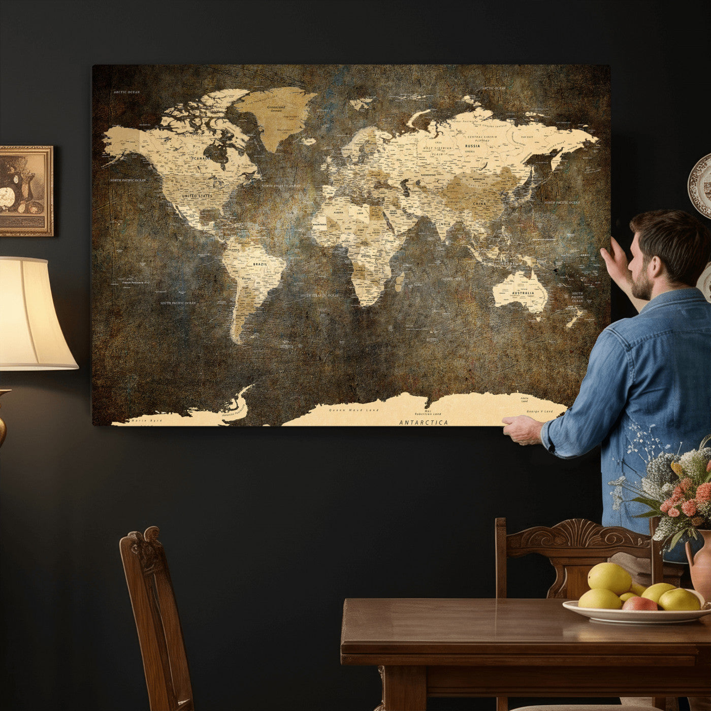 89742472-MGV-CV-36X24 - World Map Wall Art Canvas Print, Modern Decorative Framed Map Artwork Prints for Living Room, Office, Bedroom Wall Decor