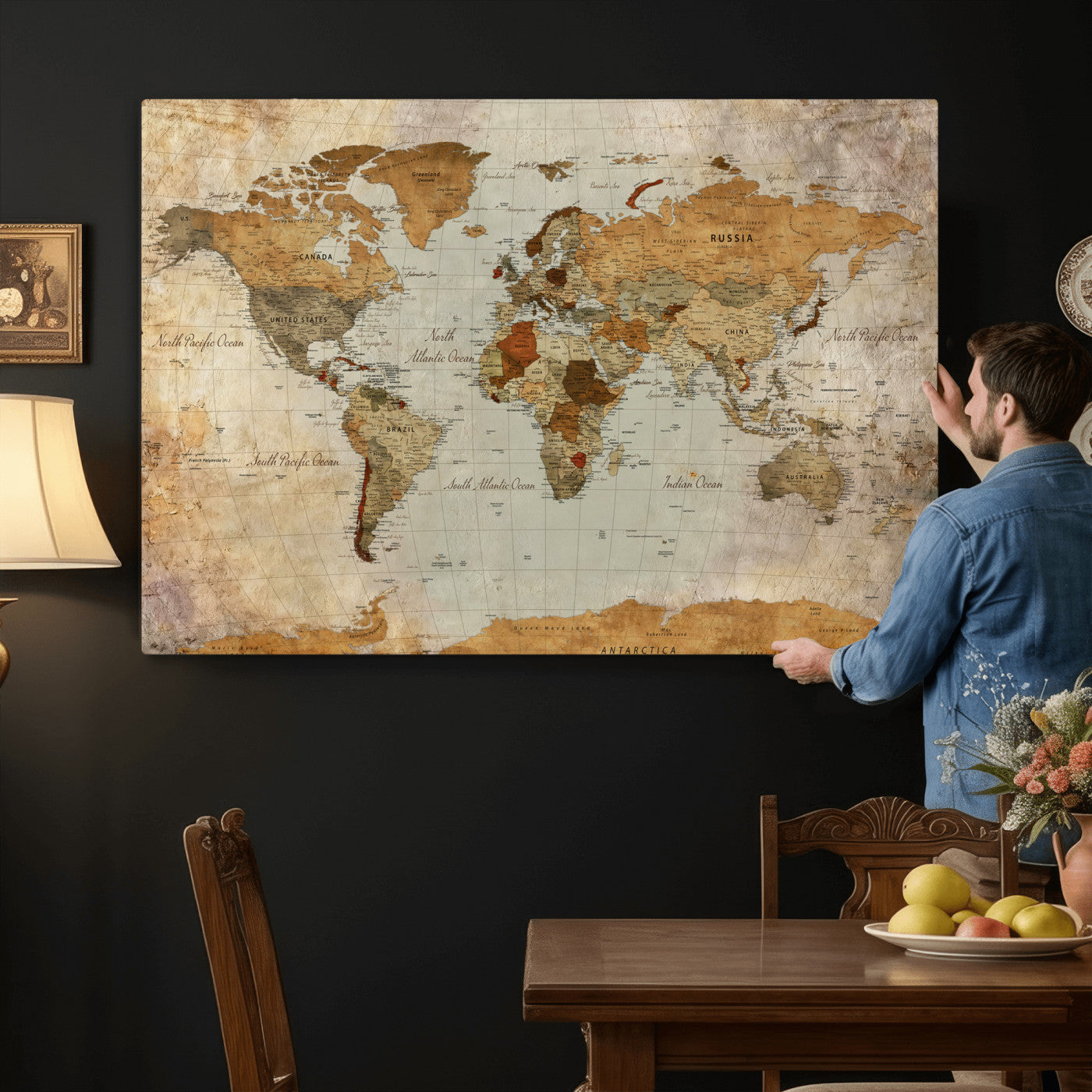 74176056-MGV-CV-36X24 - World Map Wall Art Canvas Print, Modern Decorative Framed Map Artwork Prints for Living Room, Office, Bedroom Wall Decor