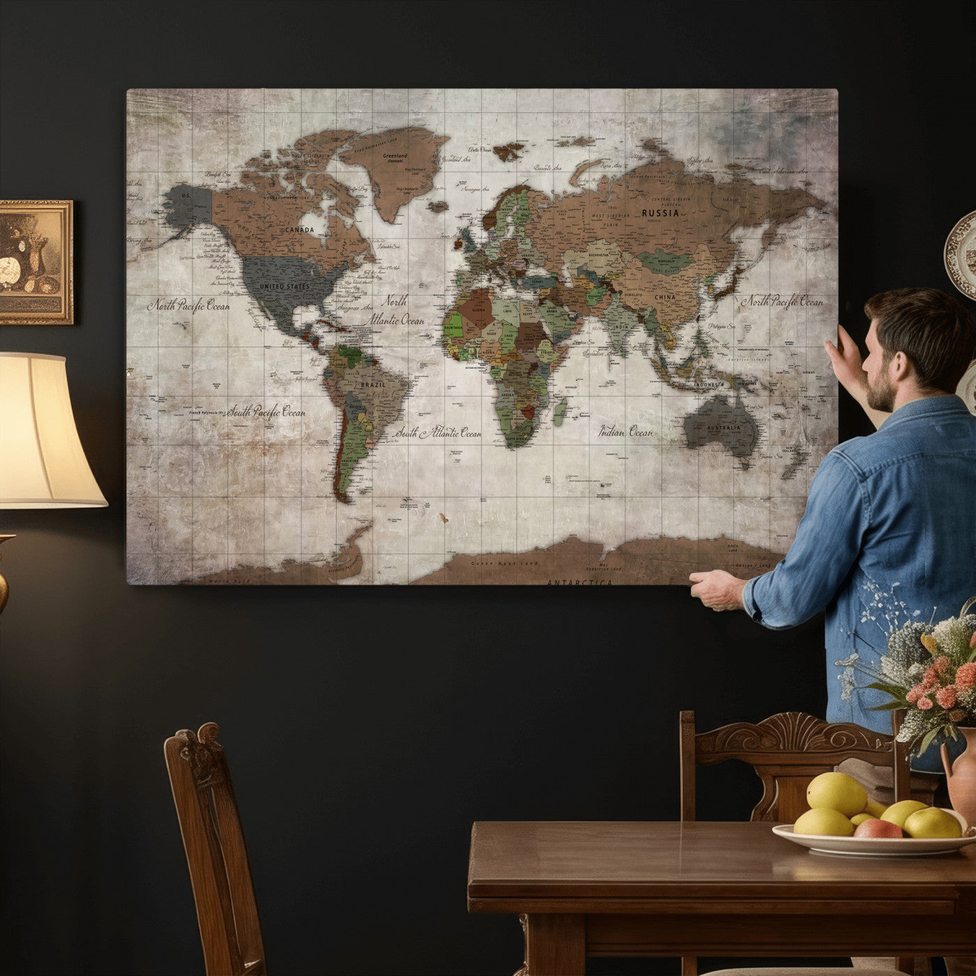 65393892-MGV-CV-36X24 - World Map Wall Art Canvas Print, Modern Decorative Framed Map Artwork Prints for Living Room, Office, Bedroom Wall Decor