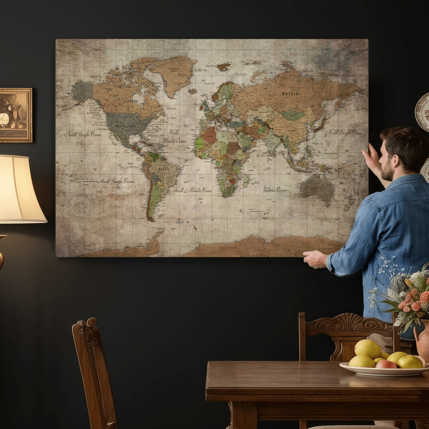 20356264-MGV-CV-36X24 - World Map Wall Art Canvas Print, Modern Decorative Framed Map Artwork Prints for Living Room, Office, Bedroom Wall Decor