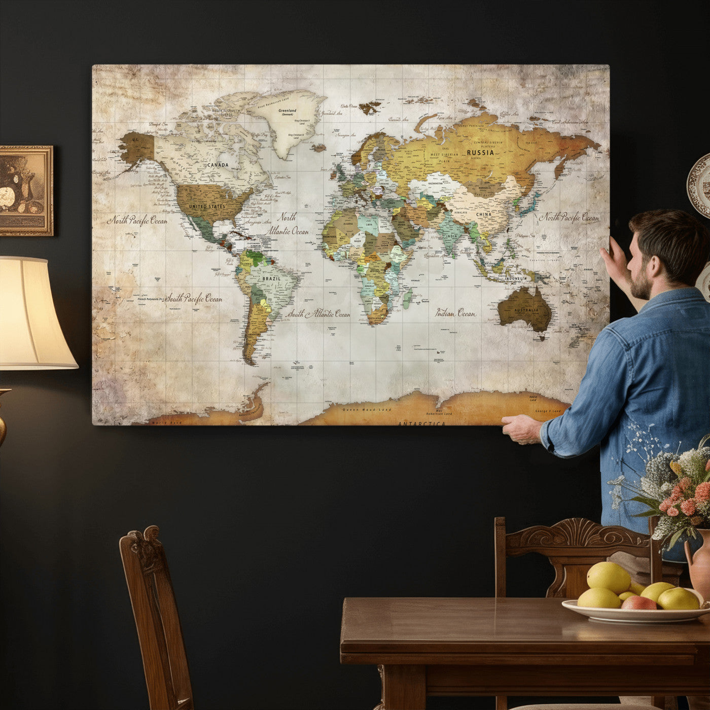 86108417-MGV-CV-36X24 - World Map Wall Art Canvas Print, Modern Decorative Framed Map Artwork Prints for Living Room, Office, Bedroom Wall Decor
