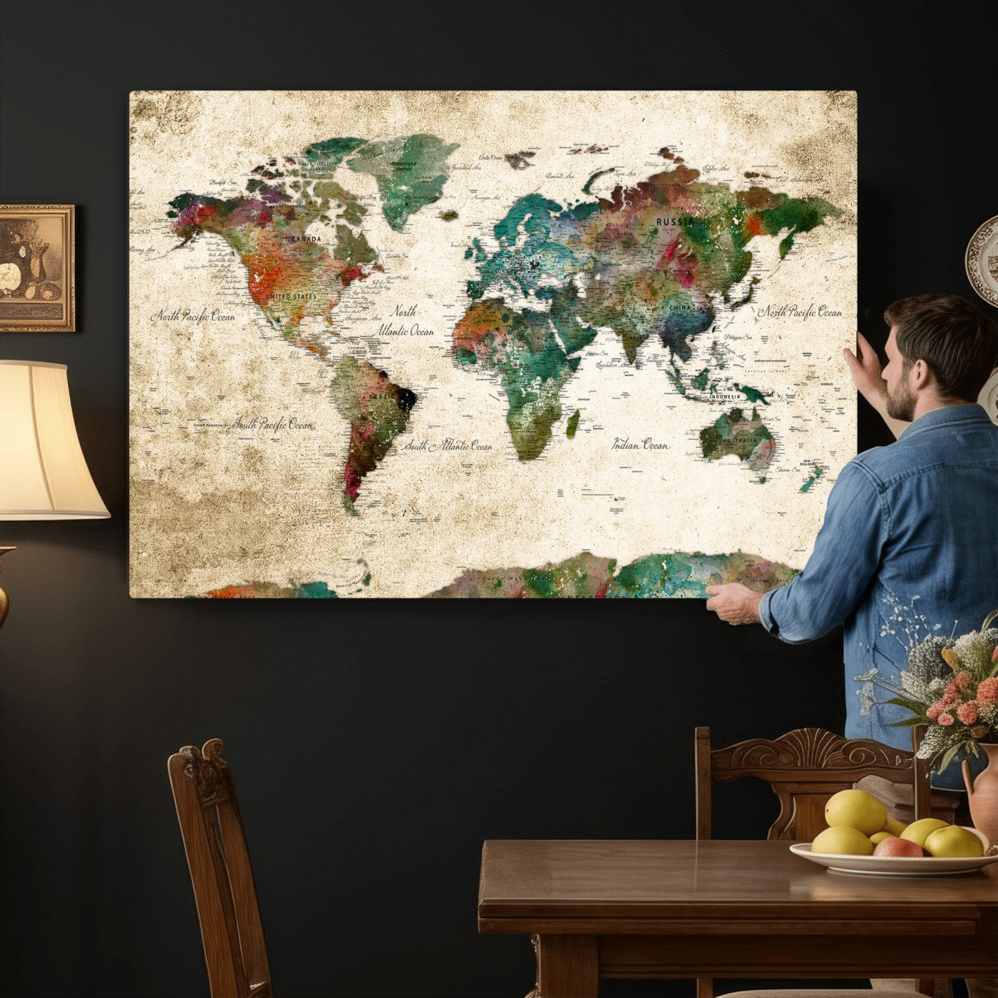 87544591-MGV-CV-36X24 - World Map Wall Art Canvas Print, Modern Decorative Framed Map Artwork Prints for Living Room, Office, Bedroom Wall Decor