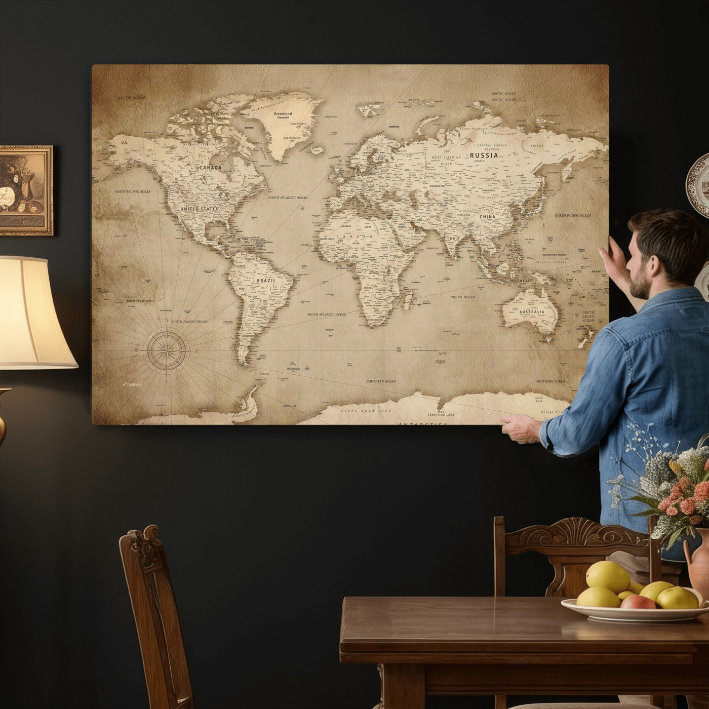 34795134-MGV-CV-36X24 - World Map Wall Art Canvas Print, Modern Decorative Framed Map Artwork Prints for Living Room, Office, Bedroom Wall Decor
