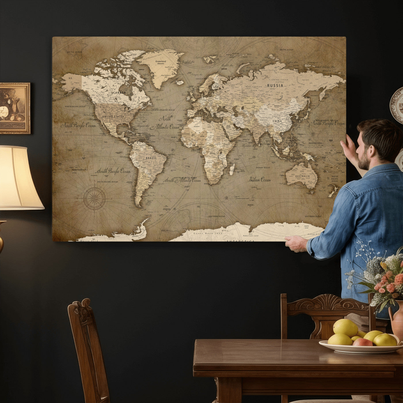 82314635-MGV-CV-36X24 - World Map Wall Art Canvas Print, Modern Decorative Framed Map Artwork Prints for Living Room, Office, Bedroom Wall Decor