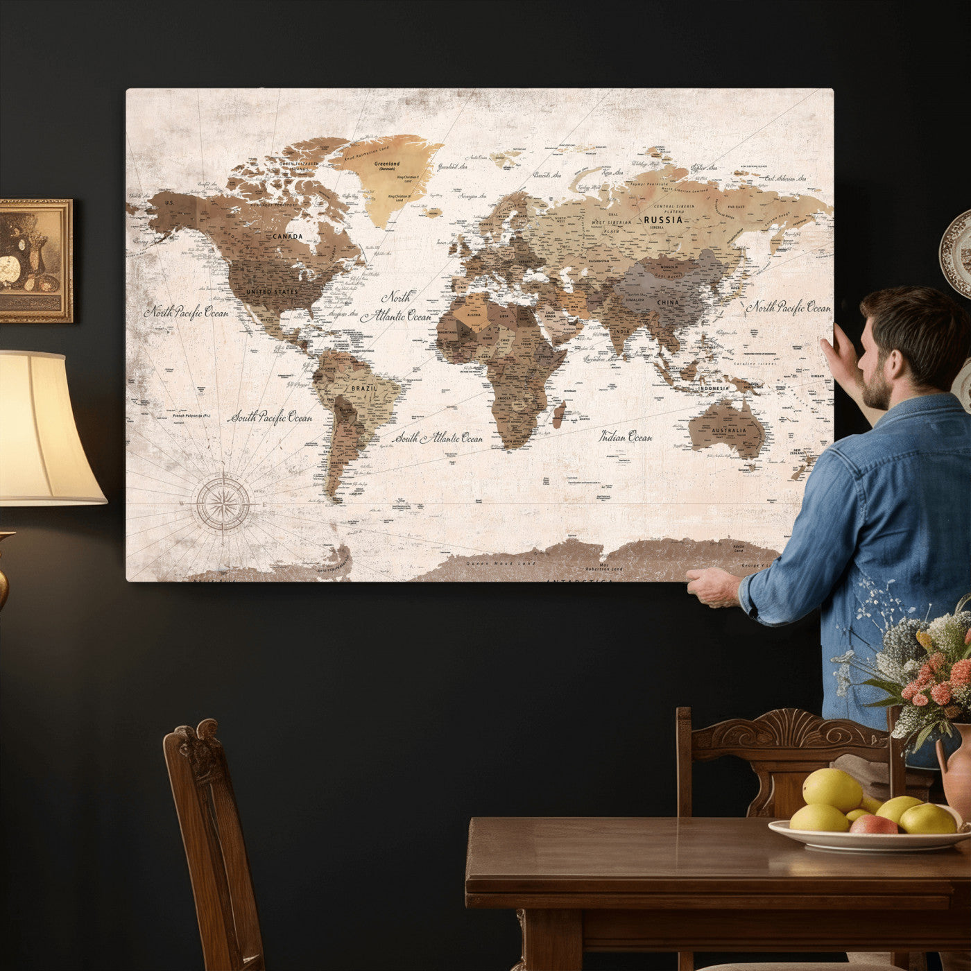 38923639-MGV-CV-36X24 - World Map Wall Art Canvas Print, Modern Decorative Framed Map Artwork Prints for Living Room, Office, Bedroom Wall Decor
