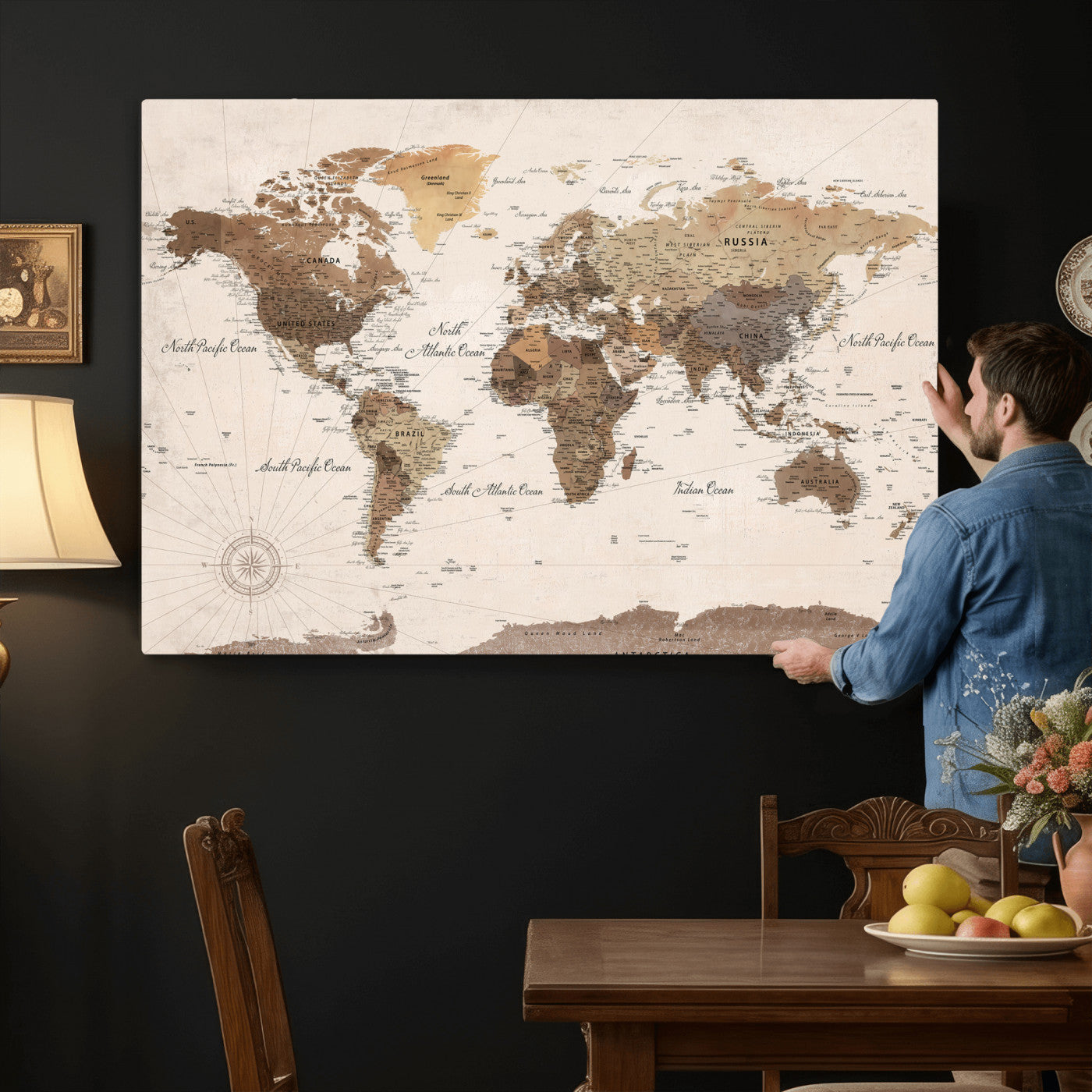 69860078-MGV-CV-36X24 - World Map Wall Art Canvas Print, Modern Decorative Framed Map Artwork Prints for Living Room, Office, Bedroom Wall Decor