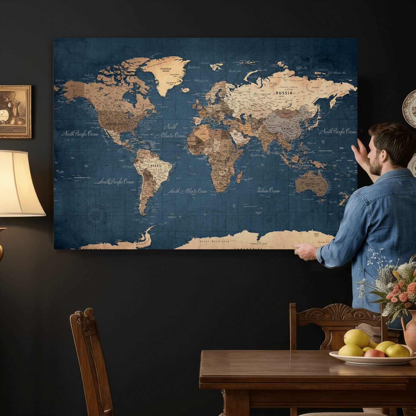 69886352-MGV-CV-36X24 - World Map Wall Art Canvas Print, Modern Decorative Framed Map Artwork Prints for Living Room, Office, Bedroom Wall Decor