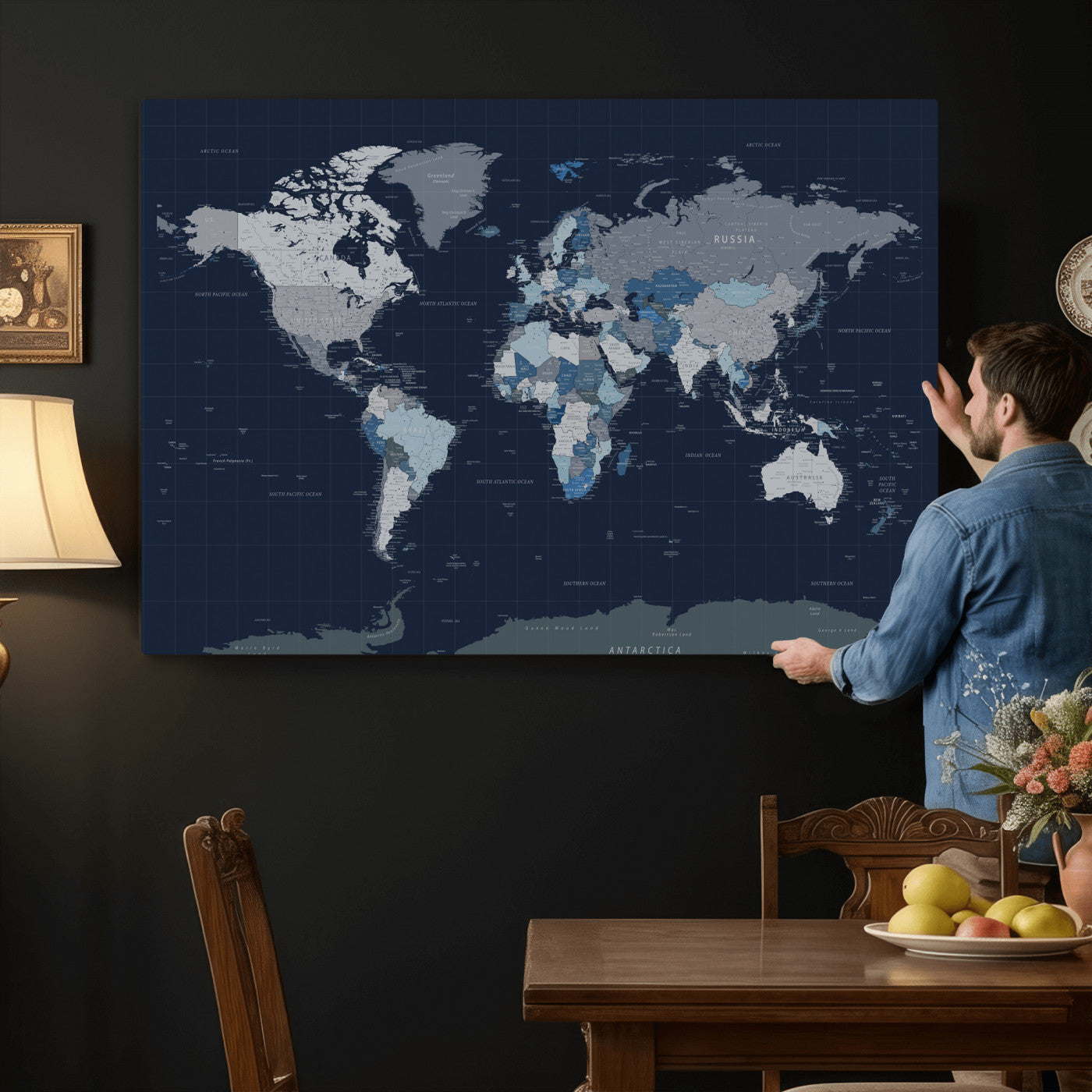 17712680-MGV-CV-36X24 - World Map Wall Art Canvas Print, Modern Decorative Framed Map Artwork Prints for Living Room, Office, Bedroom Wall Decor