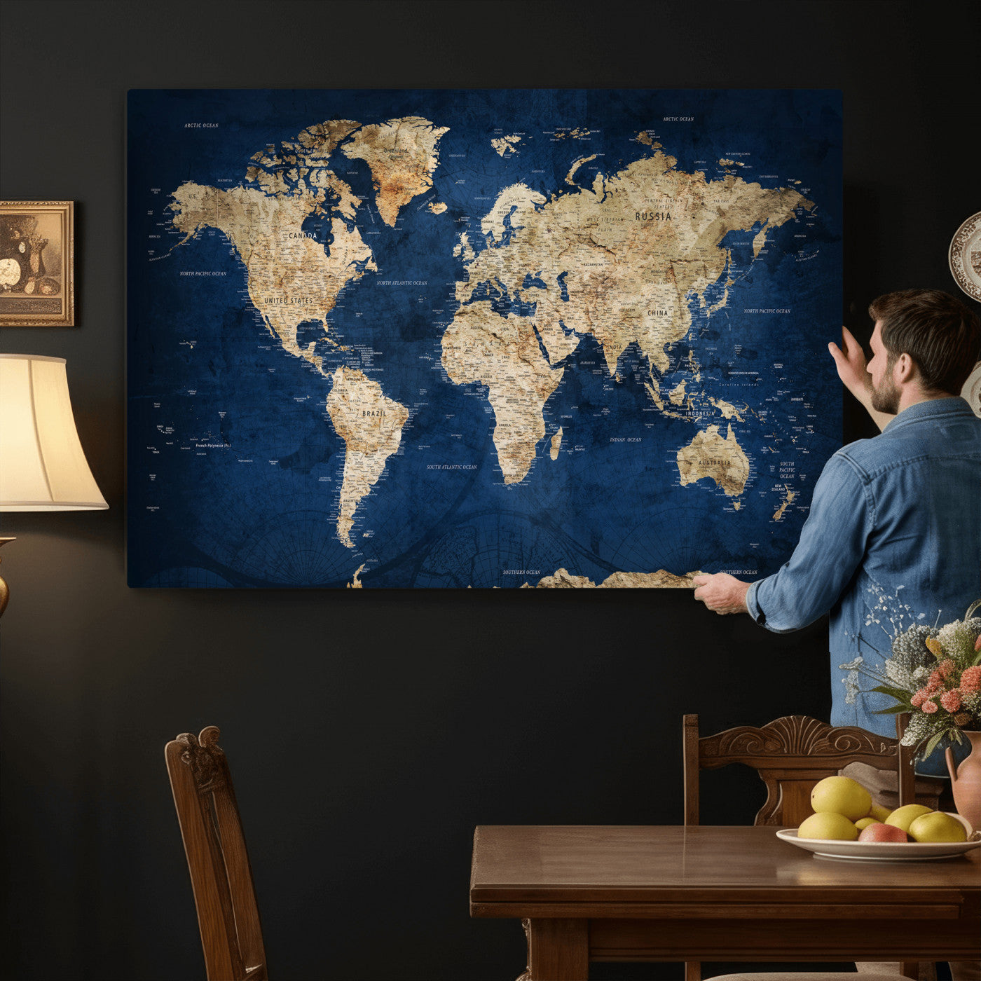 57503519-MGV-CV-36X24 - World Map Wall Art Canvas Print, Modern Decorative Framed Map Artwork Prints for Living Room, Office, Bedroom Wall Decor