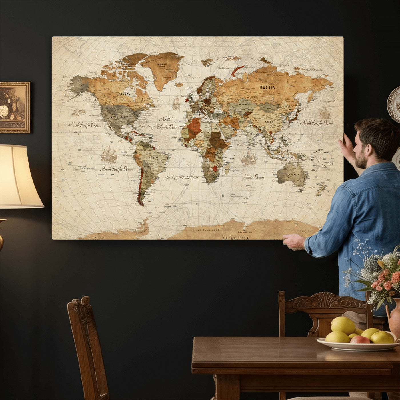 30704397-MGV-CV-36X24 - World Map Wall Art Canvas Print, Modern Decorative Framed Map Artwork Prints for Living Room, Office, Bedroom Wall Decor