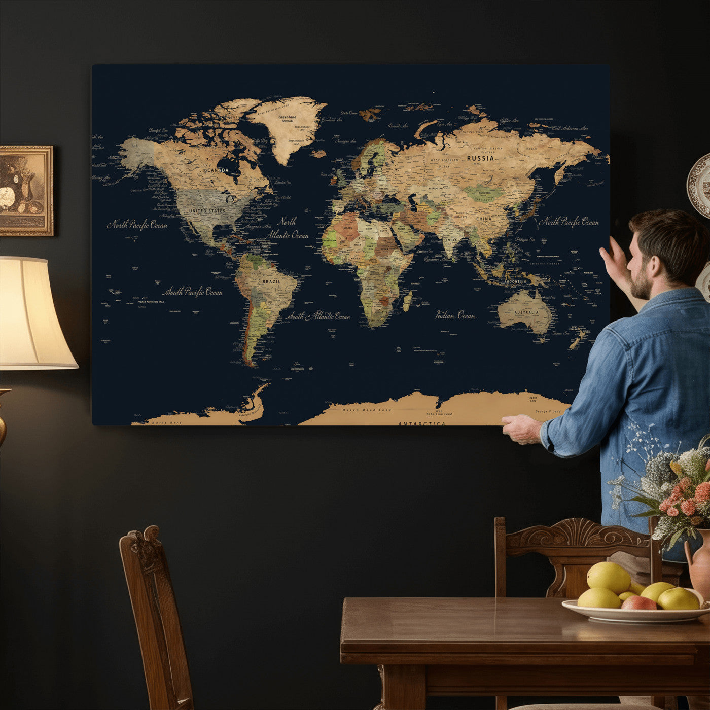94449133-MGV-CV-36X24 - World Map Wall Art Canvas Print, Modern Decorative Framed Map Artwork Prints for Living Room, Office, Bedroom Wall Decor