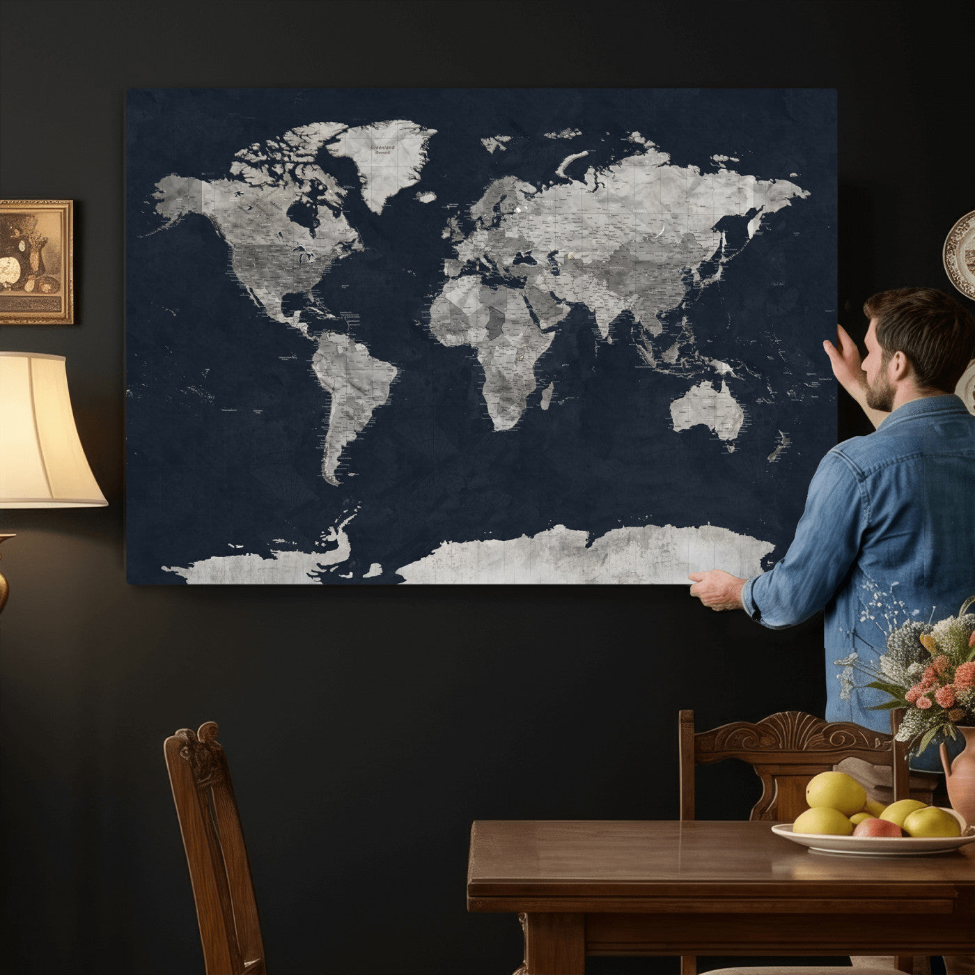 53886659-MGV-CV-36X24 - World Map Wall Art Canvas Print, Modern Decorative Framed Map Artwork Prints for Living Room, Office, Bedroom Wall Decor