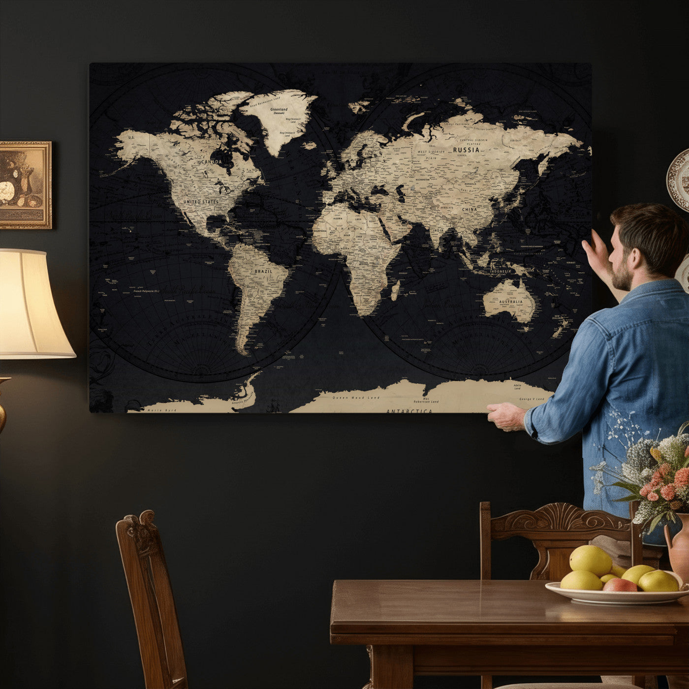 61835687-MGV-CV-36X24 - World Map Wall Art Canvas Print, Modern Decorative Framed Map Artwork Prints for Living Room, Office, Bedroom Wall Decor
