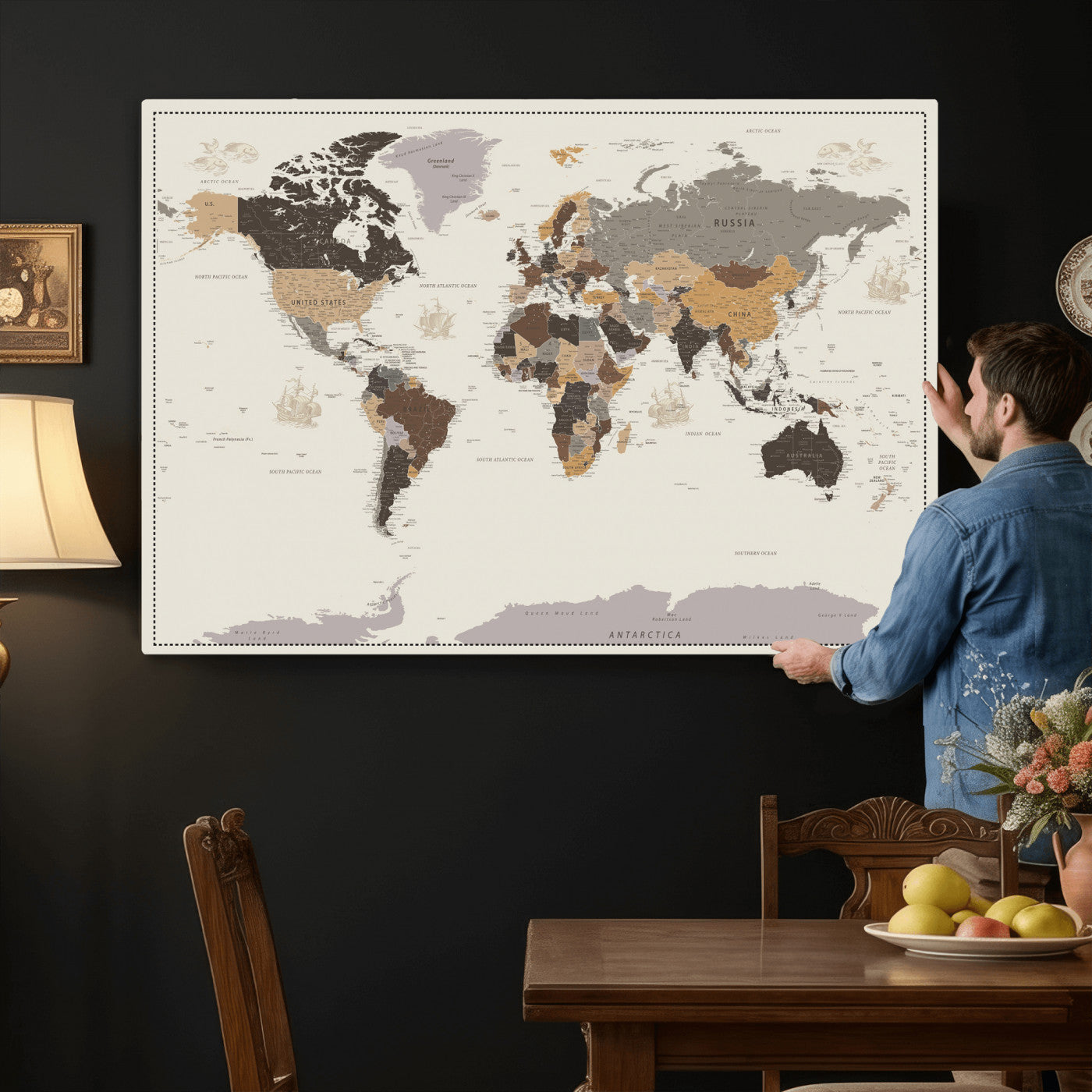 58777746-MGV-CV-36X24 - World Map Wall Art Canvas Print, Modern Decorative Framed Map Artwork Prints for Living Room, Office, Bedroom Wall Decor
