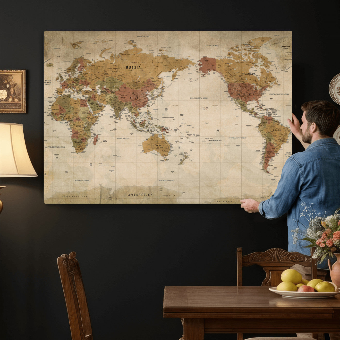 83478963-MGV-CV-36X24 - World Map Wall Art Canvas Print, Modern Decorative Framed Map Artwork Prints for Living Room, Office, Bedroom Wall Decor