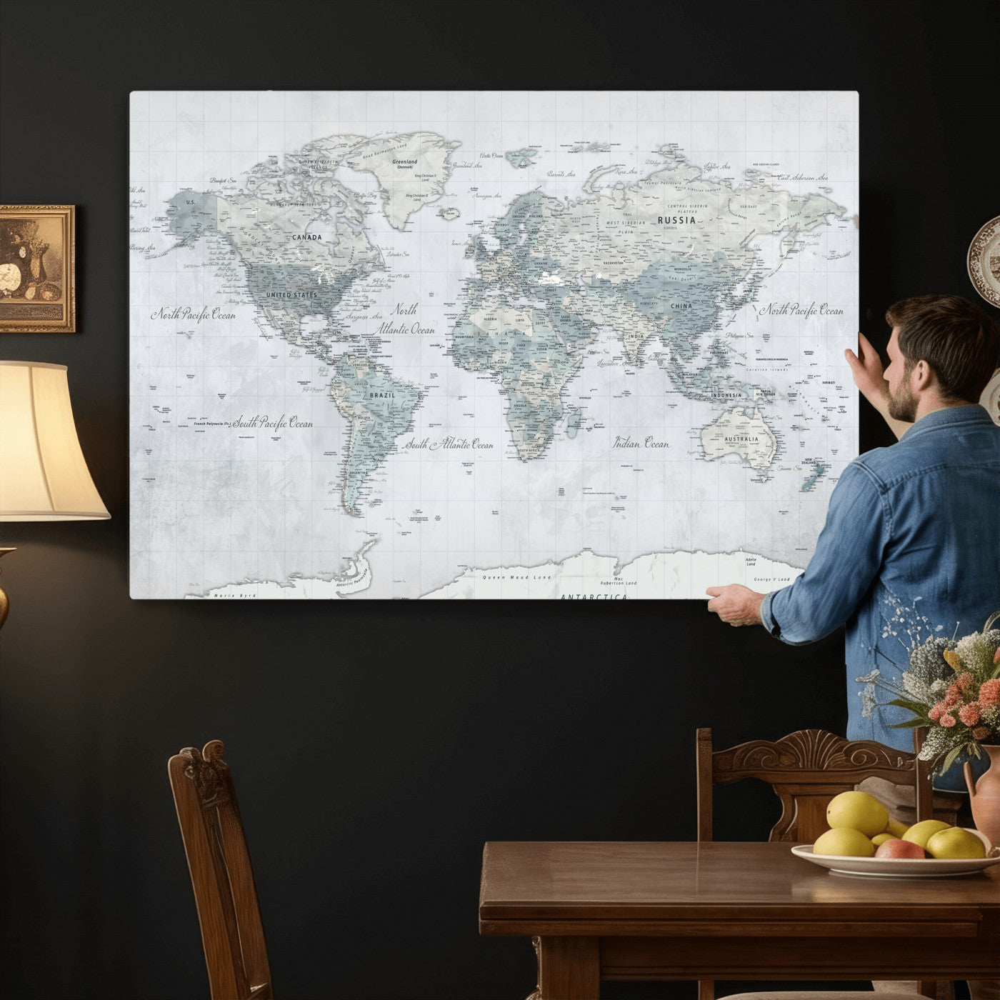 71091917-MGV-CV-36X24 - World Map Wall Art Canvas Print, Modern Decorative Framed Map Artwork Prints for Living Room, Office, Bedroom Wall Decor