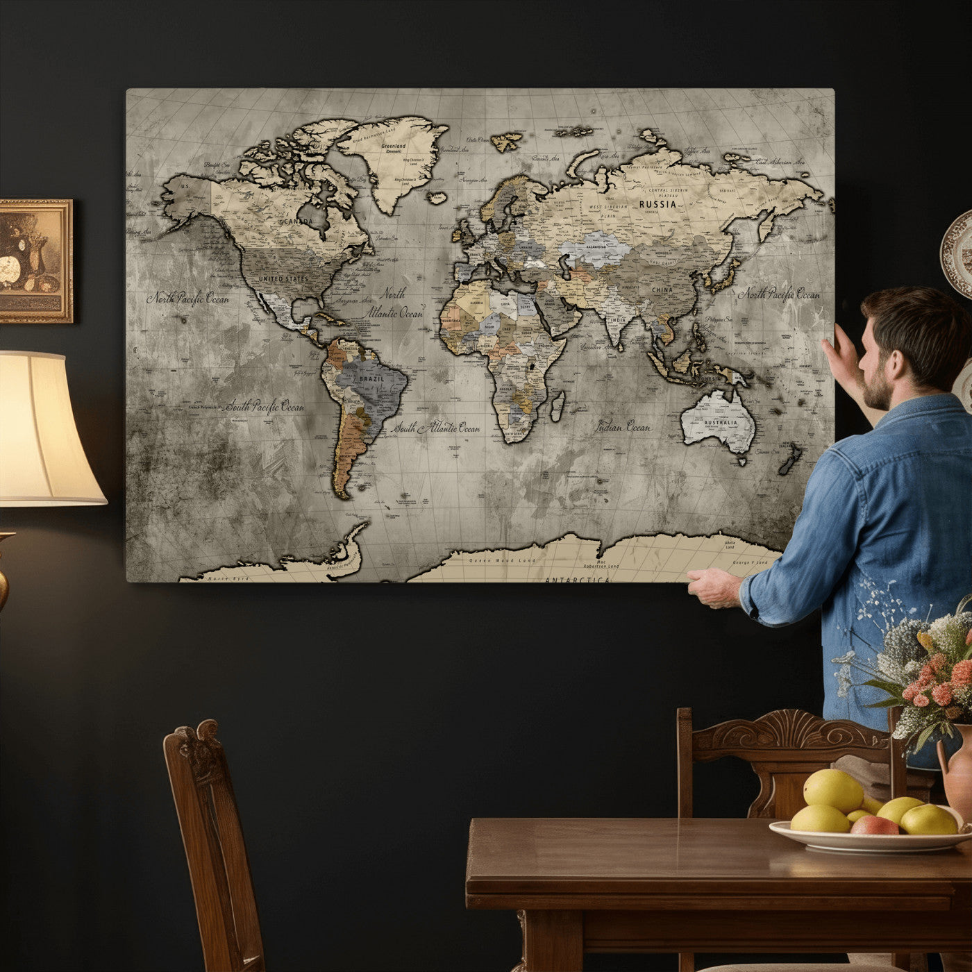 85218700-MGV-CV-36X24 - World Map Wall Art Canvas Print, Modern Decorative Framed Map Artwork Prints for Living Room, Office, Bedroom Wall Decor