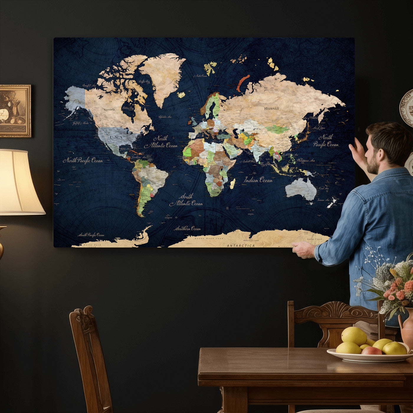 76603563-MGV-CV-36X24 - World Map Wall Art Canvas Print, Modern Decorative Framed Map Artwork Prints for Living Room, Office, Bedroom Wall Decor