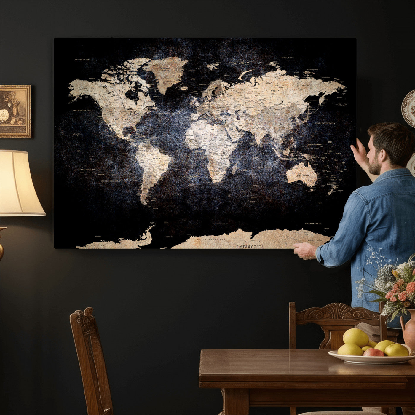 56713386-MGV-CV-36X24 - World Map Wall Art Canvas Print, Modern Decorative Framed Map Artwork Prints for Living Room, Office, Bedroom Wall Decor