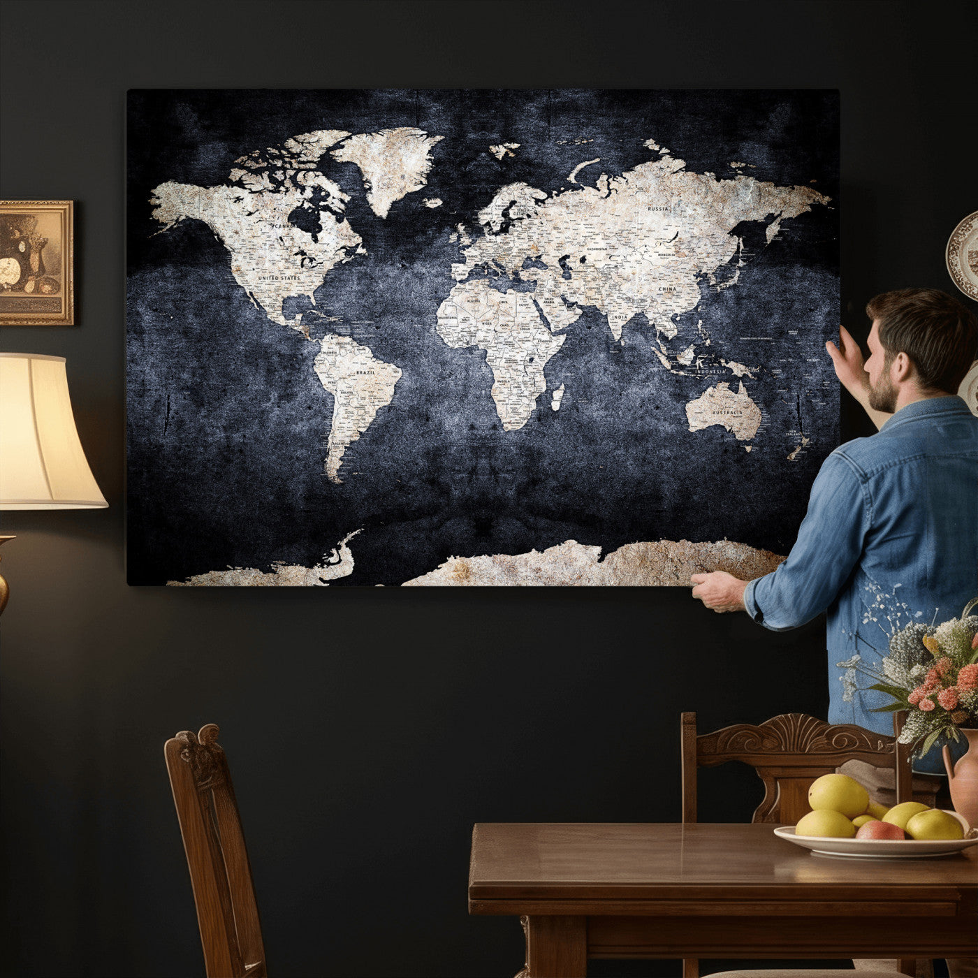 41193404-MGV-CV-36X24 - World Map Wall Art Canvas Print, Modern Decorative Framed Map Artwork Prints for Living Room, Office, Bedroom Wall Decor