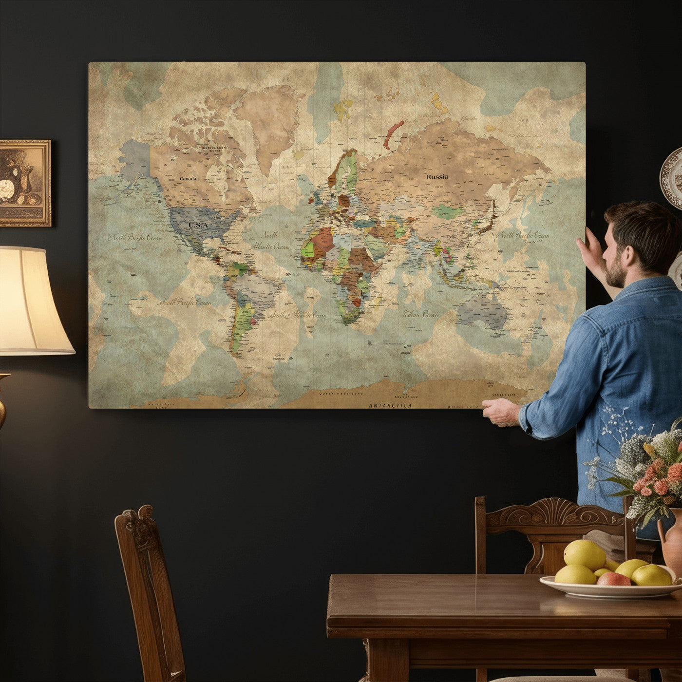 31492148-MGV-CV-36X24 - World Map Wall Art Canvas Print, Modern Decorative Framed Map Artwork Prints for Living Room, Office, Bedroom Wall Decor