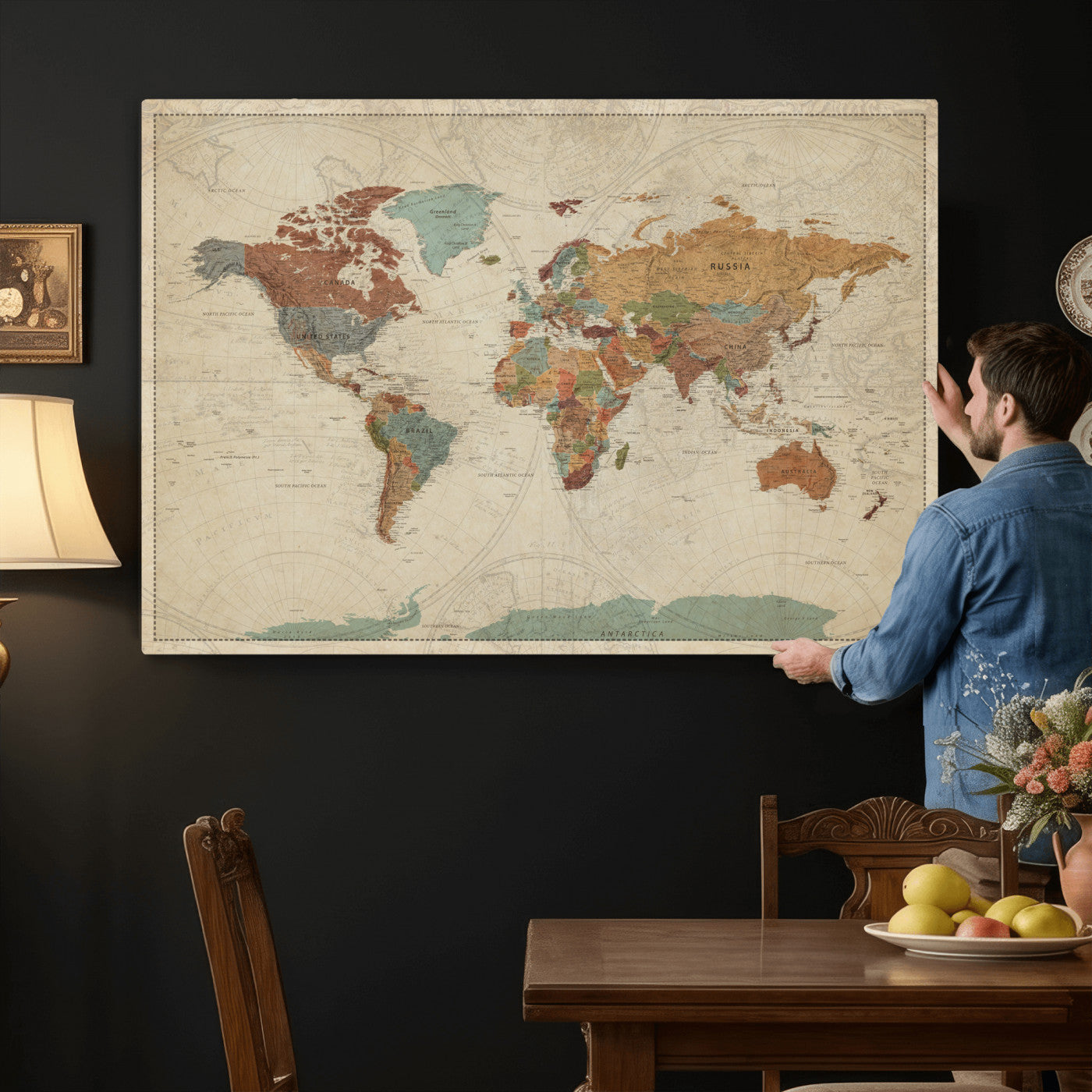 74172497-MGV-CV-36X24 - World Map Wall Art Canvas Print, Modern Decorative Framed Map Artwork Prints for Living Room, Office, Bedroom Wall Decor