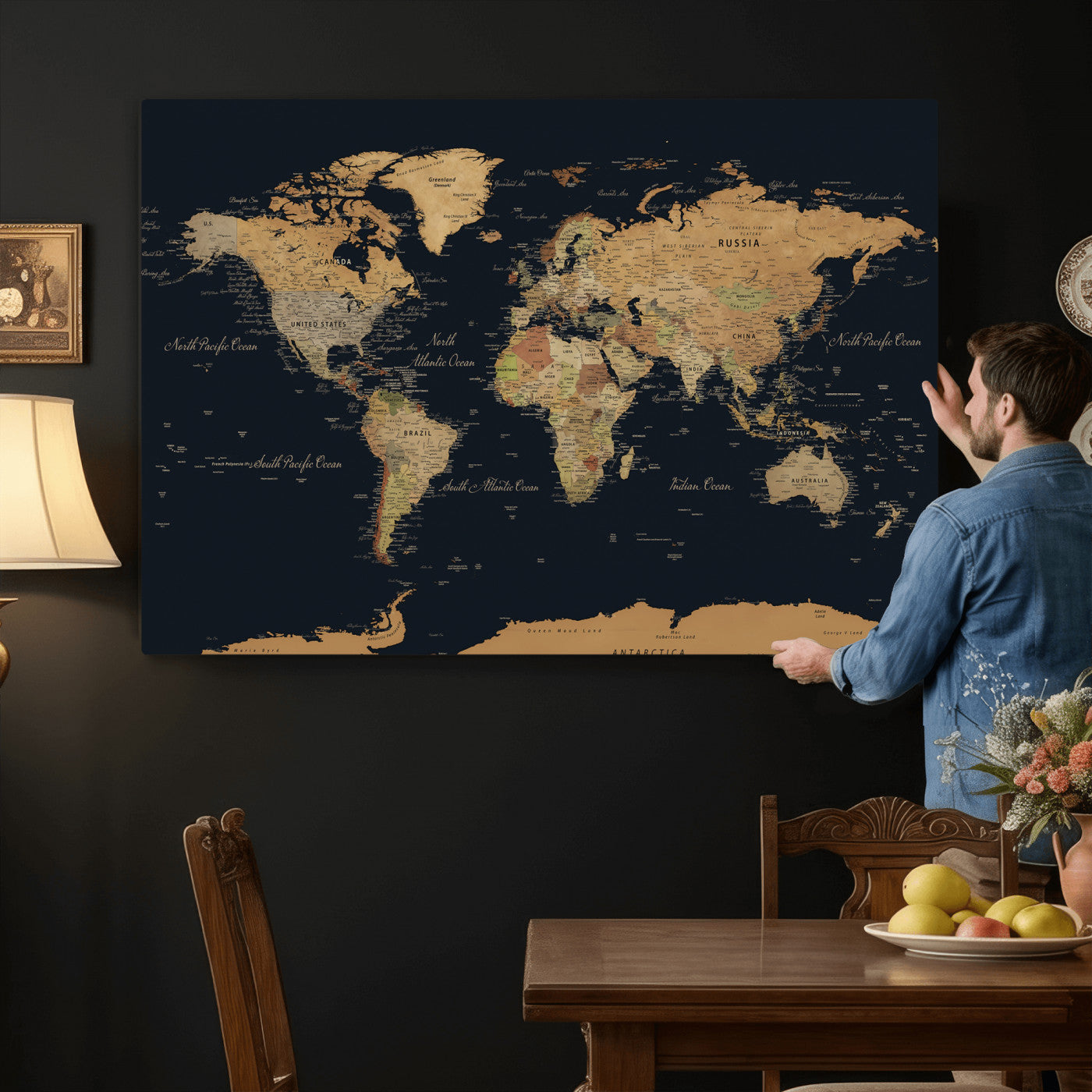 36916368-MGV-CV-36X24 - World Map Wall Art Canvas Print, Modern Decorative Framed Map Artwork Prints for Living Room, Office, Bedroom Wall Decor