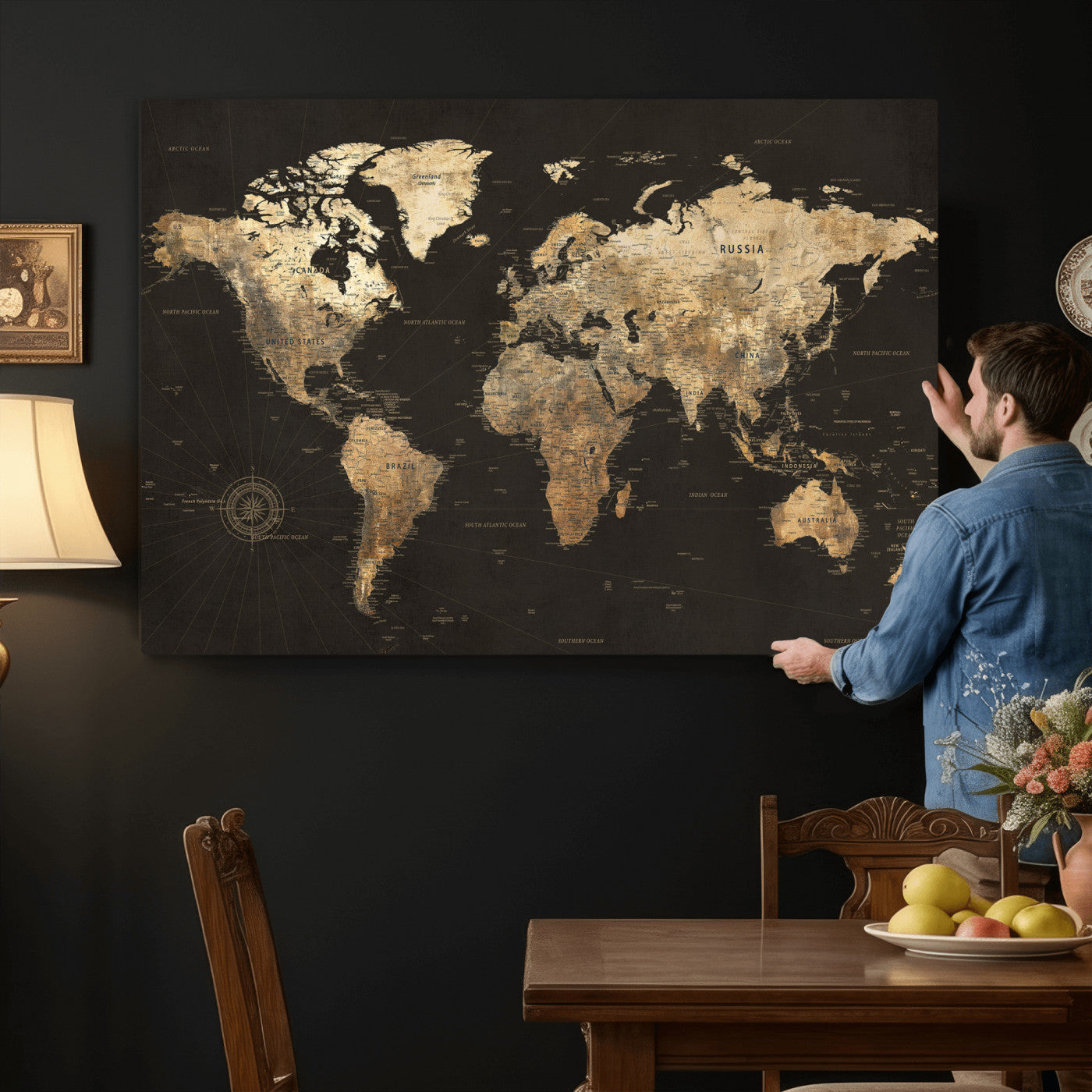 70985630-MGV-CV-36X24 - World Map Wall Art Canvas Print, Modern Decorative Framed Map Artwork Prints for Living Room, Office, Bedroom Wall Decor