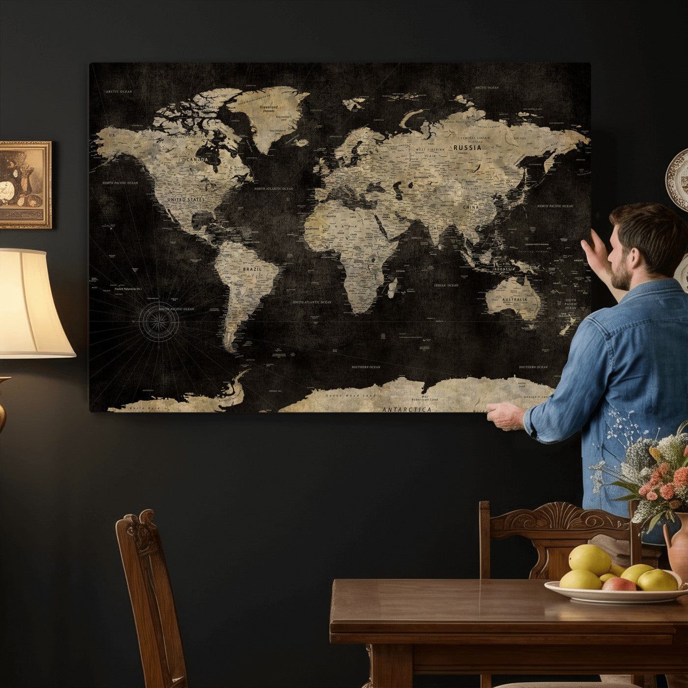 60653880-MGV-CV-36X24 - World Map Wall Art Canvas Print, Modern Decorative Framed Map Artwork Prints for Living Room, Office, Bedroom Wall Decor
