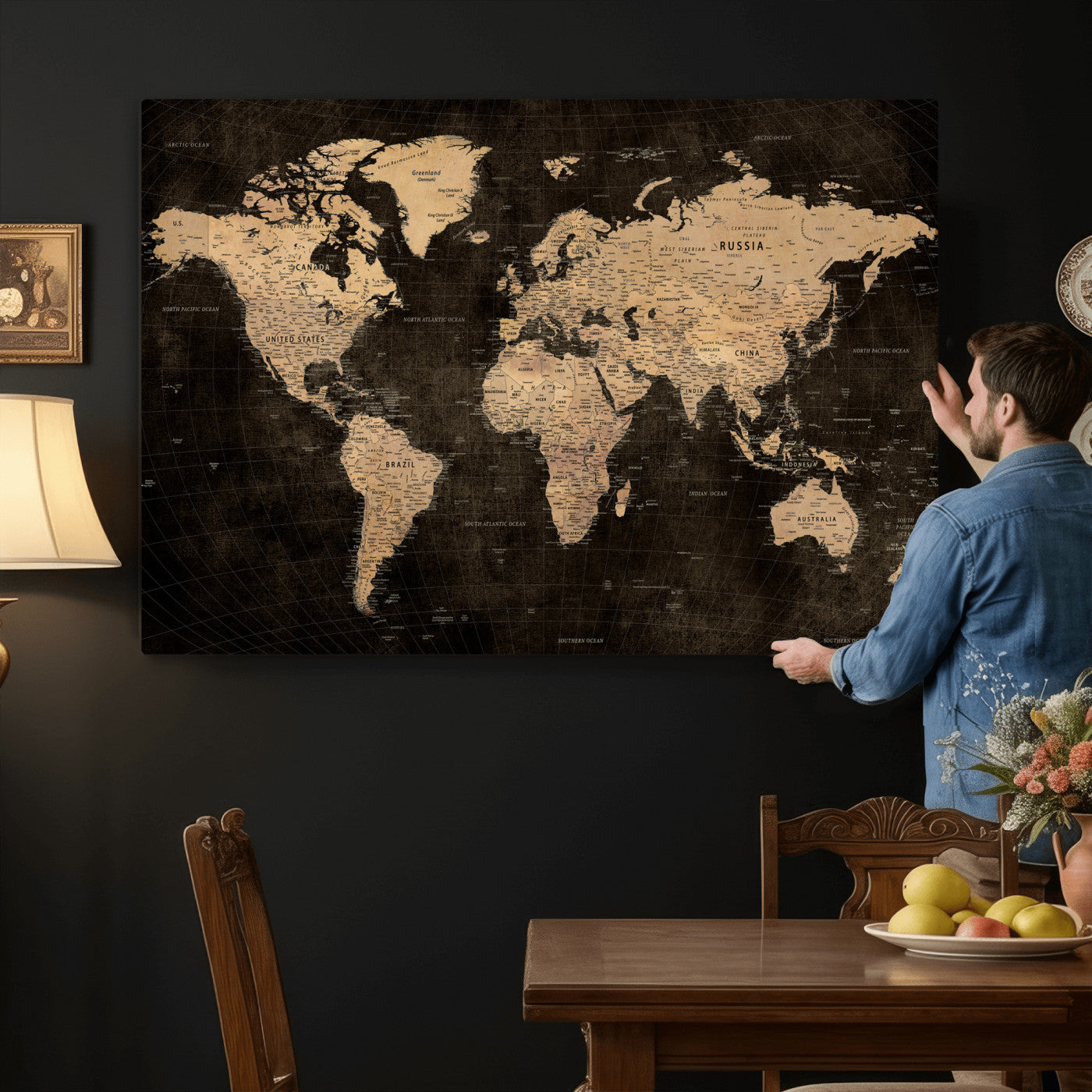 15118265-MGV-CV-36X24 - World Map Wall Art Canvas Print, Modern Decorative Framed Map Artwork Prints for Living Room, Office, Bedroom Wall Decor