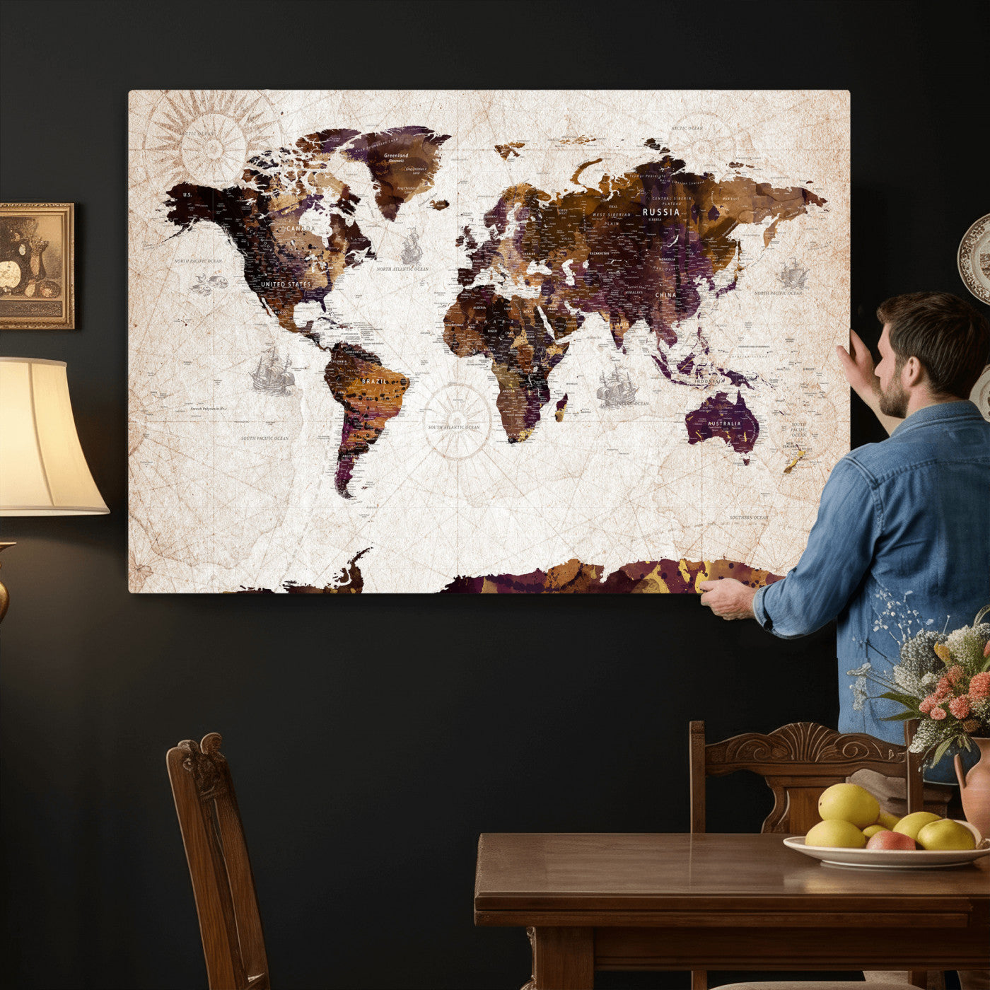 53400857-MGV-CV-36X24 - World Map Wall Art Canvas Print, Modern Decorative Framed Map Artwork Prints for Living Room, Office, Bedroom Wall Decor
